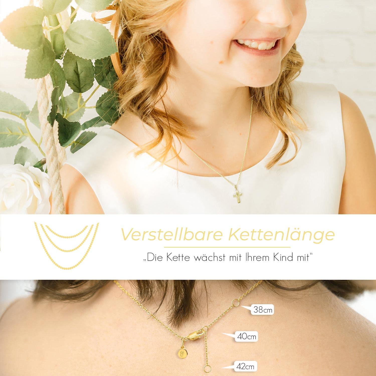Kreuz Kette Kommunion Mädchen Junge Gold (Silber 925 vergoldet) mit Gravur | Kreuzkette Anhänger Halskette Kinder Schmuck, Geschenke zur Taufe Erstkommunion Konfirmation Firmung, Goldkette Taufkette