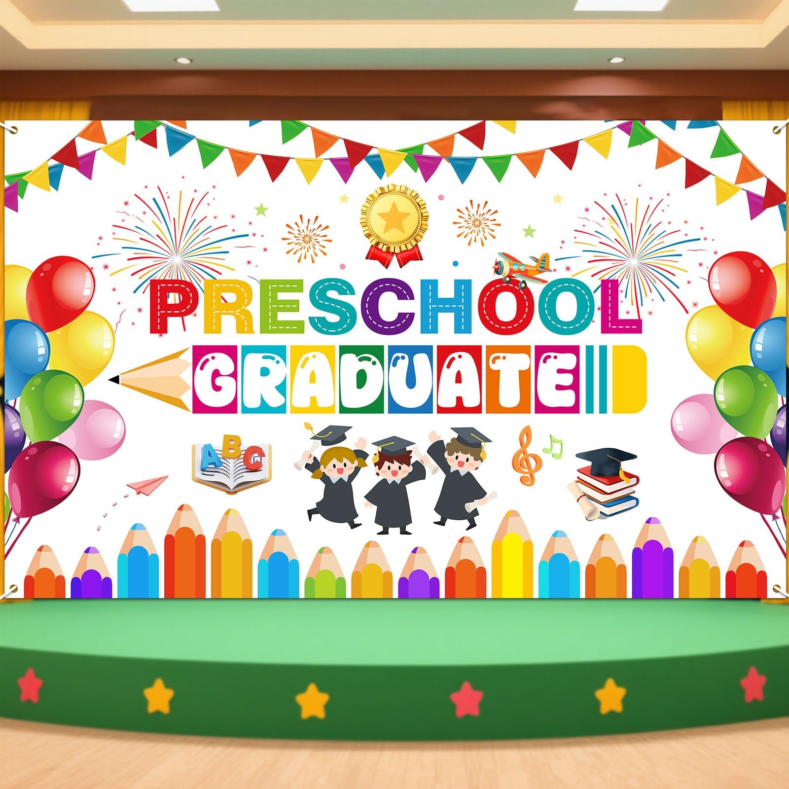 Preschool Graduation Backdrop - 71 X 43 Inch Large Party Decorations Photography Background for Kindergarten Preschool Graduation Supplies, 2026 Party Decorations