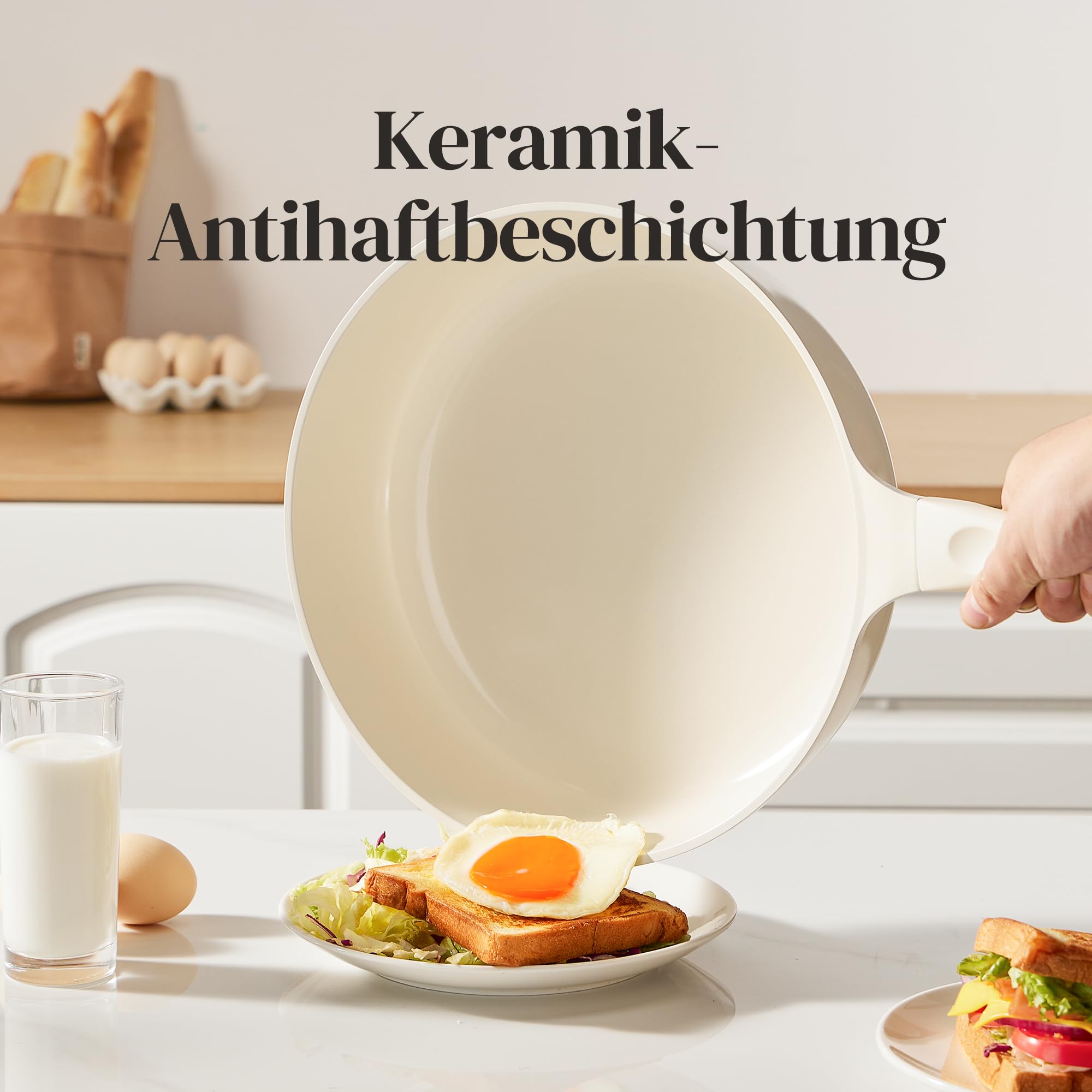 Redchef Patelnia 28 cm z pokrywką, ceramiczna patelnia nieprzywierająca do kuchenek indukcyjnych, do omletów, nie zawiera PTFE, PFAS, PFOA