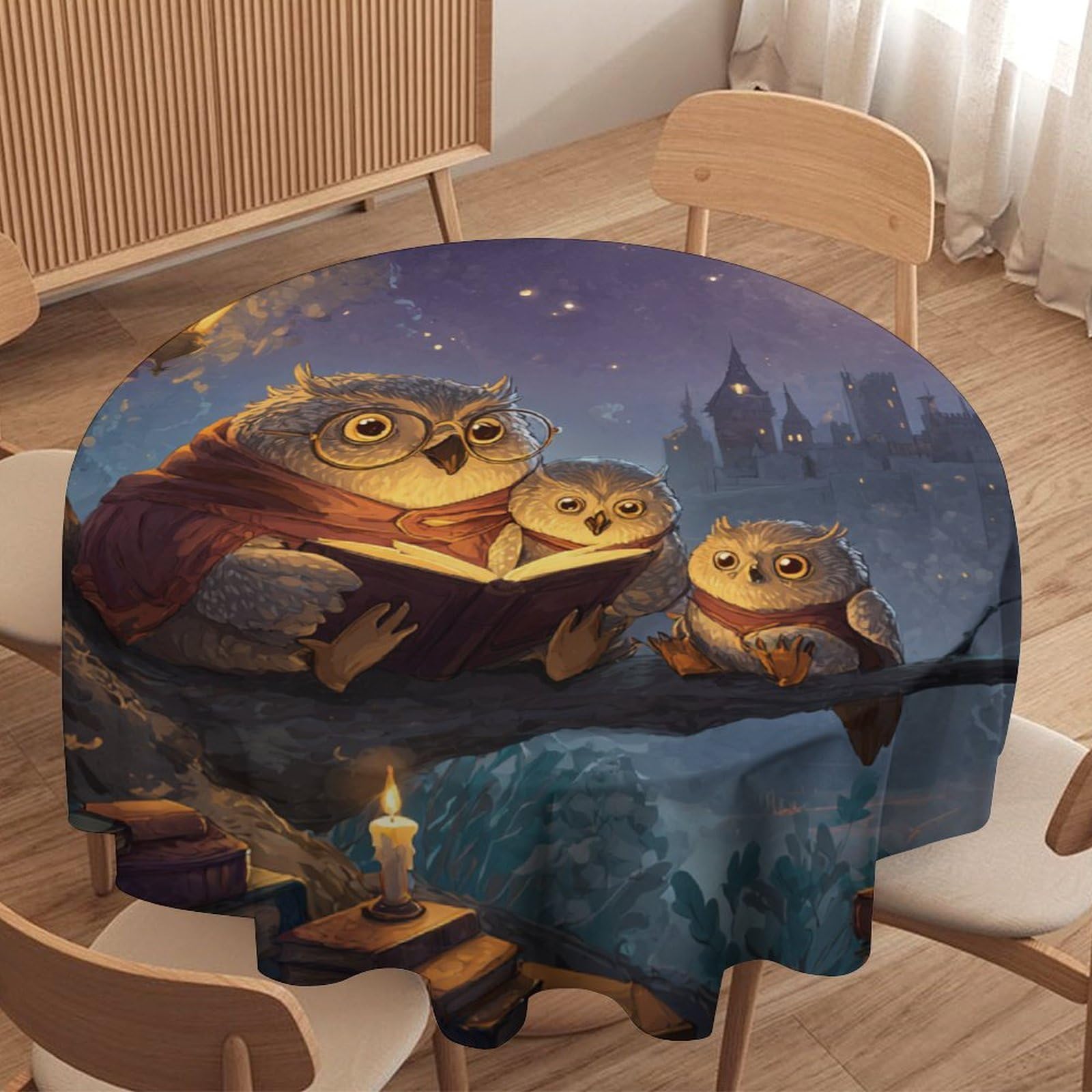 Luyysky Funny Modern Cute Owl Waterproof Round Tablecloth Mid Century Retro Full Moon Starry Sky Galaxy Castle Animal Owls Washable Table Cover For Kitchen-177.8" Wx177.8 L Cm