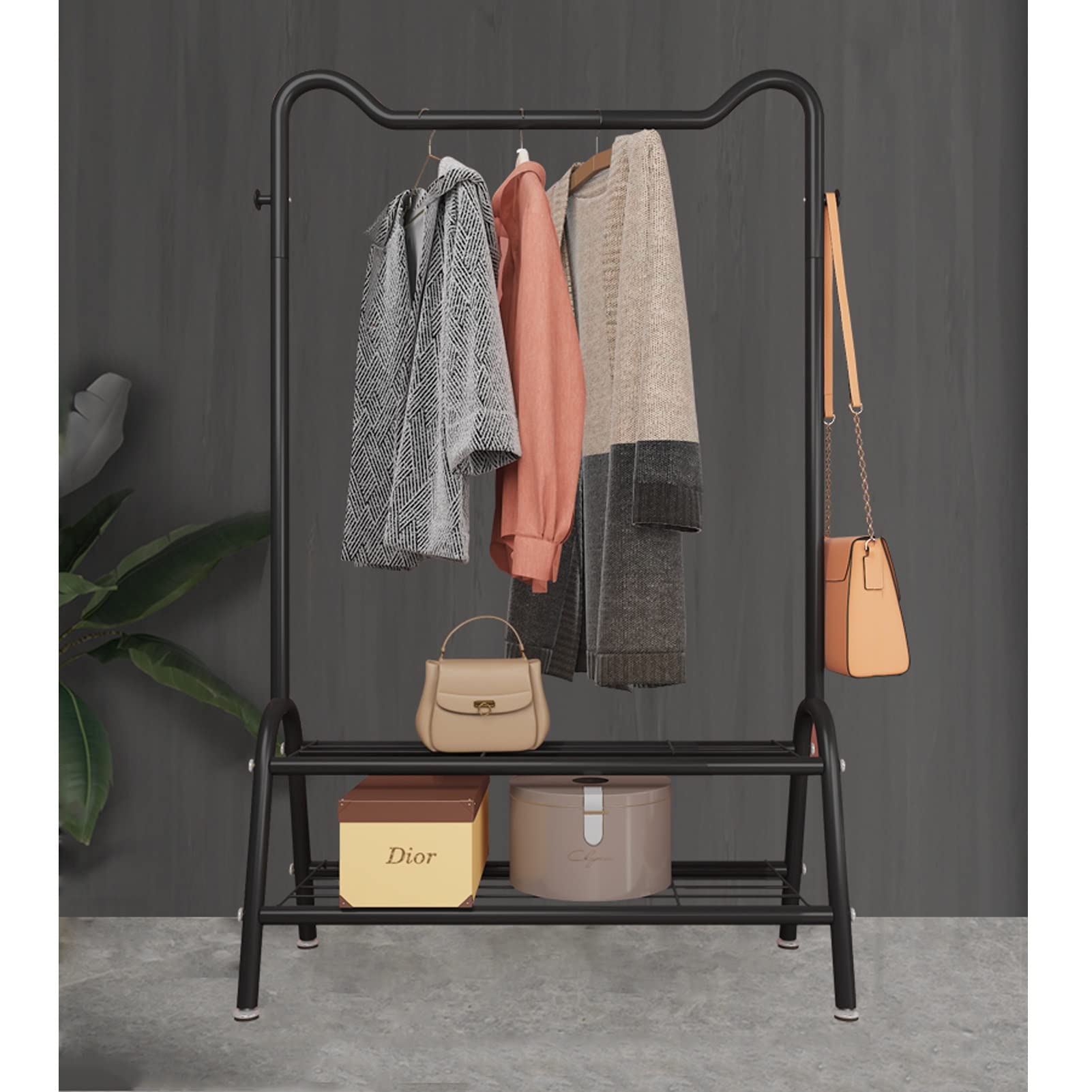 YNBSHGAA Freestanding Clothes Rail Garment Hanger Coat Drying Rack with 2 Tier Storage Shelf Gold 125cm,Black-80Cm