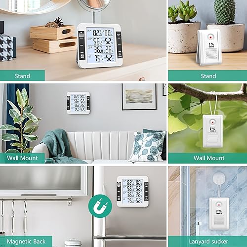 Miniatura 6 de ORIA Termómetro para interiores y exteriores, termómetro higrómetro digital para interiores, retroiluminación LCD, 3 sensores inalámbricos, pantalla