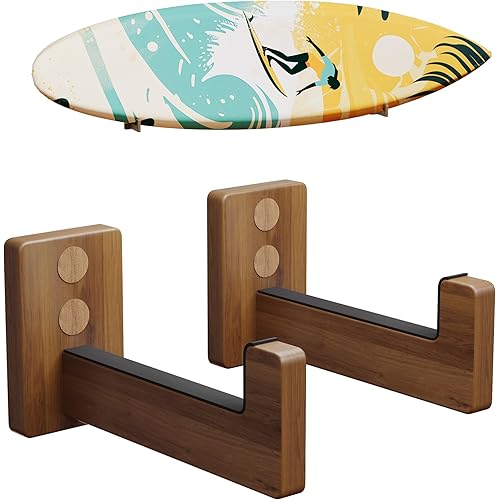 Surfboard Racks for Wall Mount, Wooden Surfboard Hanger, Wood Surf Board Stand Indoor or Outdoor, Surfboard Holder for Surf Racks, Paddleboard, Skimboard, Longboard (Dark)