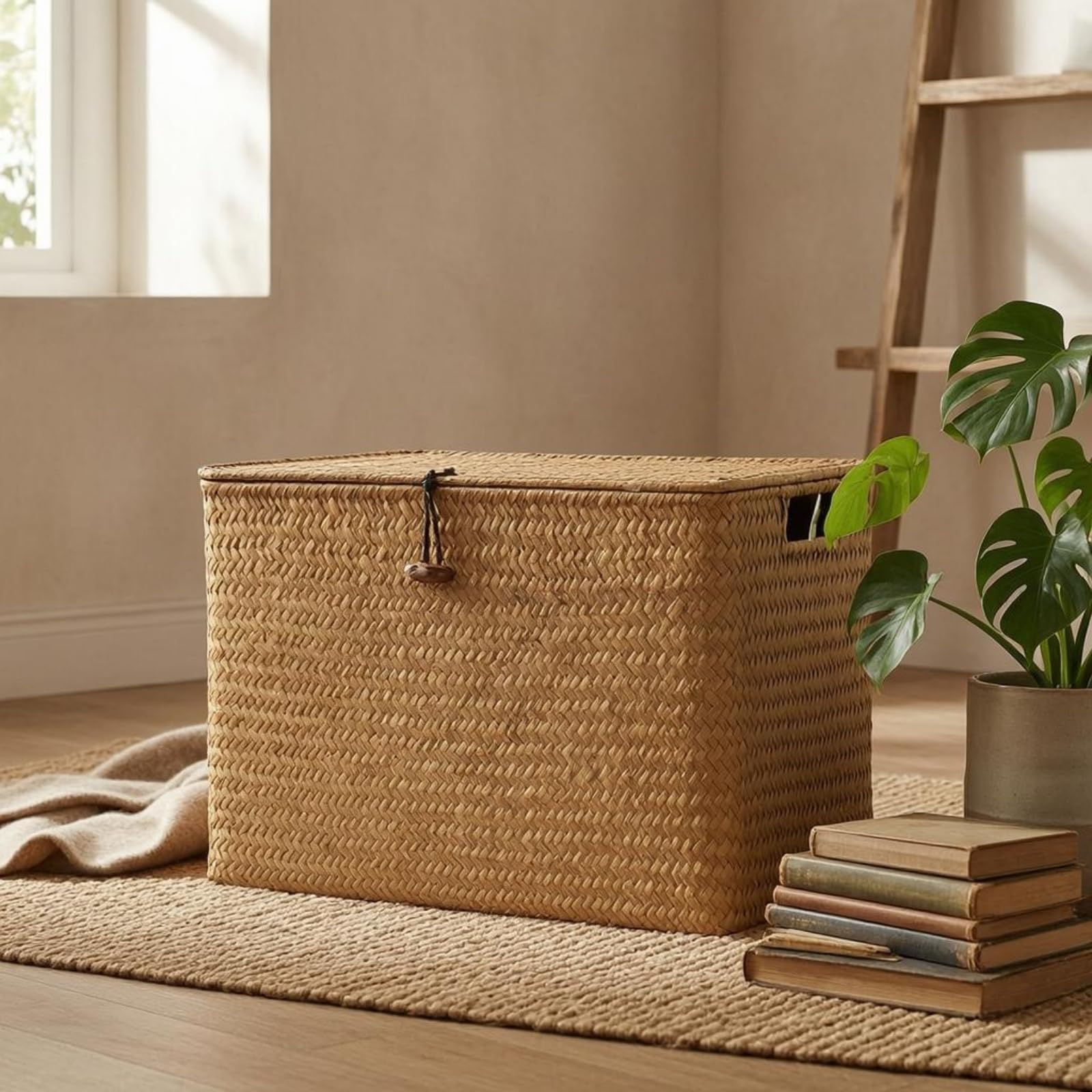 Kunststoffbox mit Grifföffnungen Rattanoptik Geflochtene Aufbewahrungsbox Korbgeflecht Rechteckiger Weidenkorb für Arbeitszimmer, Braun, 44x30x29 Cm