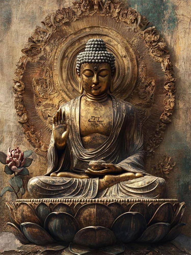 Pskgbxmu Adult Embroidery Cross Stitch Kit 11Ct Pre-Printed Pattern Cross Stitch Kit Buddha Statue On A Rock Wall Diy Craft Home Decor 40X50 Cm