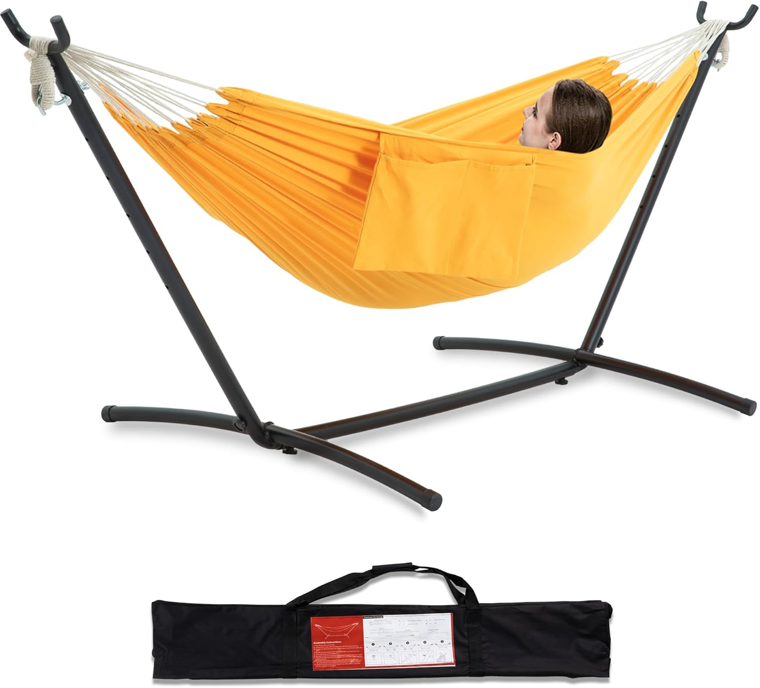 PNAEUT Double Hammock with Space Saving Steel Stand 2 Person Heavy Duty Garden Yard Outdoor 450lb Capacity Hammocks and Portable Carrying Bag (Lemon)