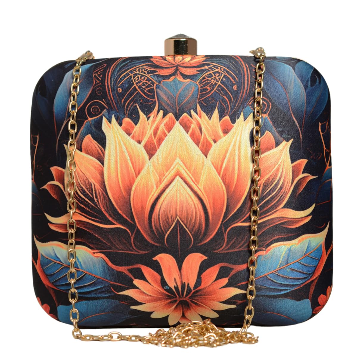 Orange Lotus multicolor Printed Clutch Bag For Women With Detachable Strap-image-6