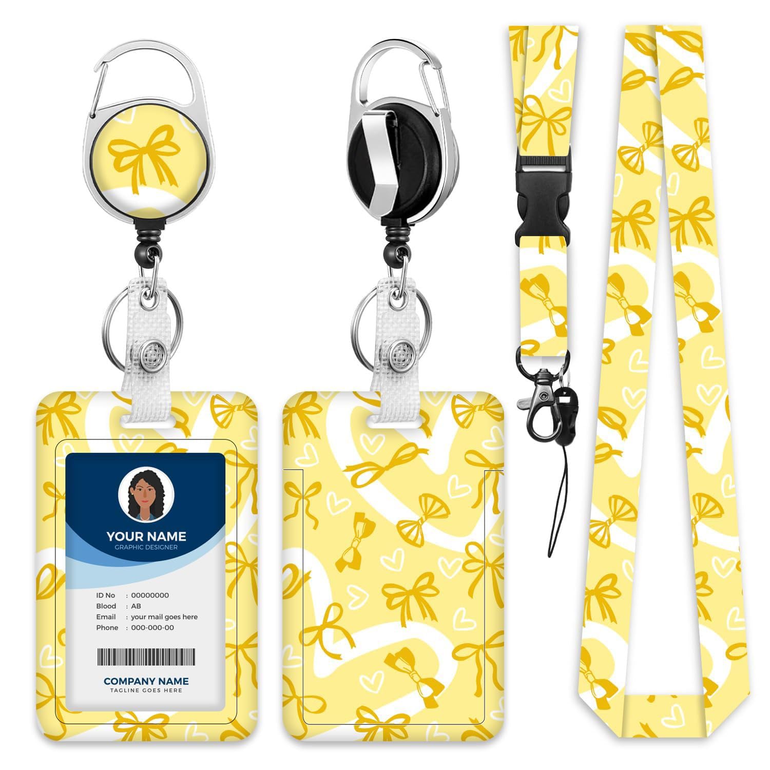 Yellow Bowknot Lanyard Card Holder Set with Retractable Badge Reel