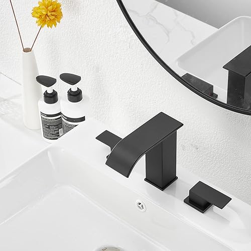 Miniatura 2 de Hononnice Grifo de cascada negro de 2 manijas de baño extendido grifo de baño 3 agujeros moderno grifo del fregadero del baño con desagüe emergente