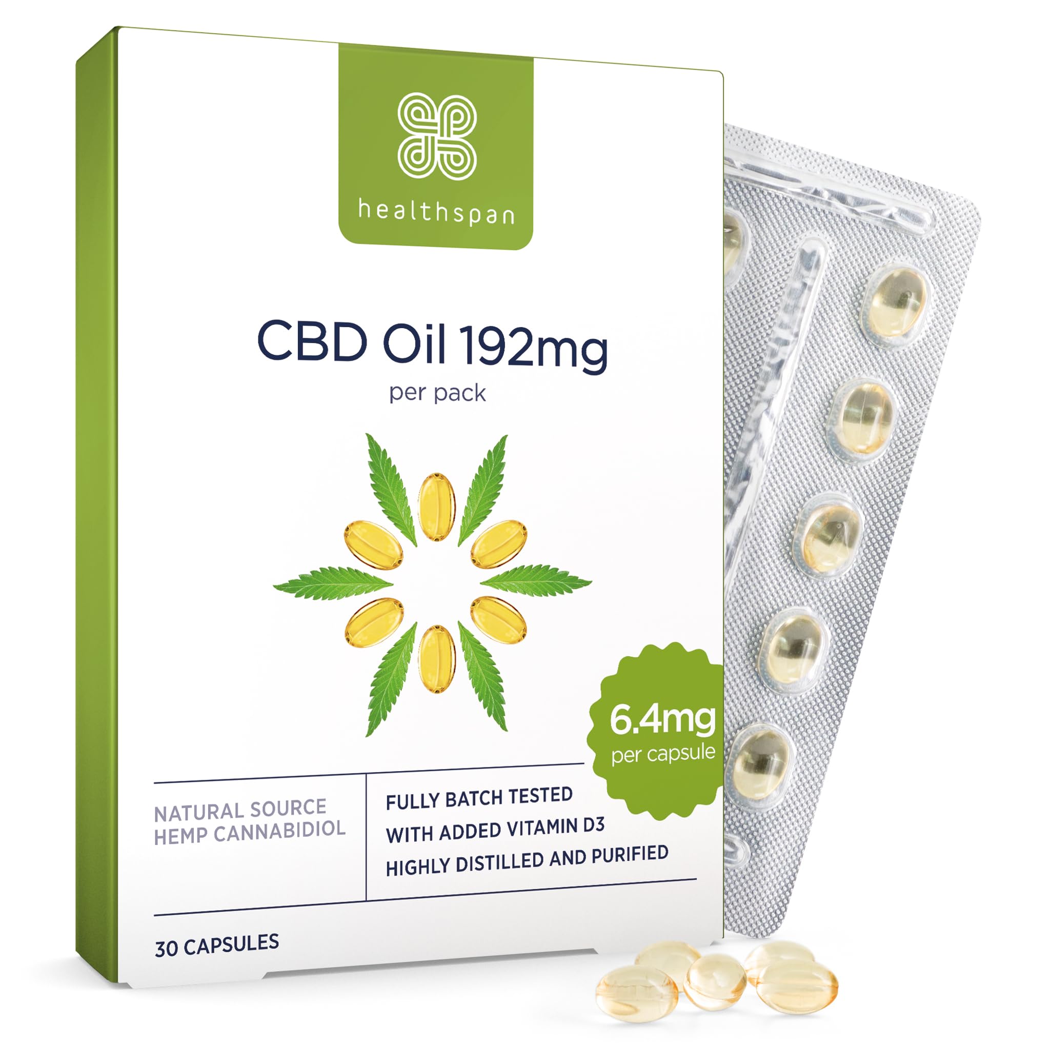 Healthspan 192mg CBD Oil Capsules | 30 Capsules | Added Vitamin D3