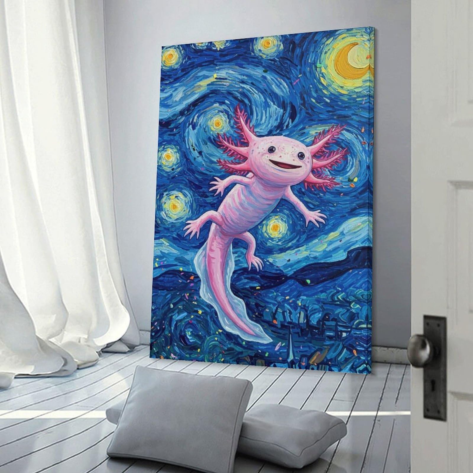 Junmoney Axolotl in Starry Night Canvas Art Print 20x30inch(50x75cm), for Entrance Spaces, Stair Walls Or Halls, Wall Decor to Refresh Empty Corners
