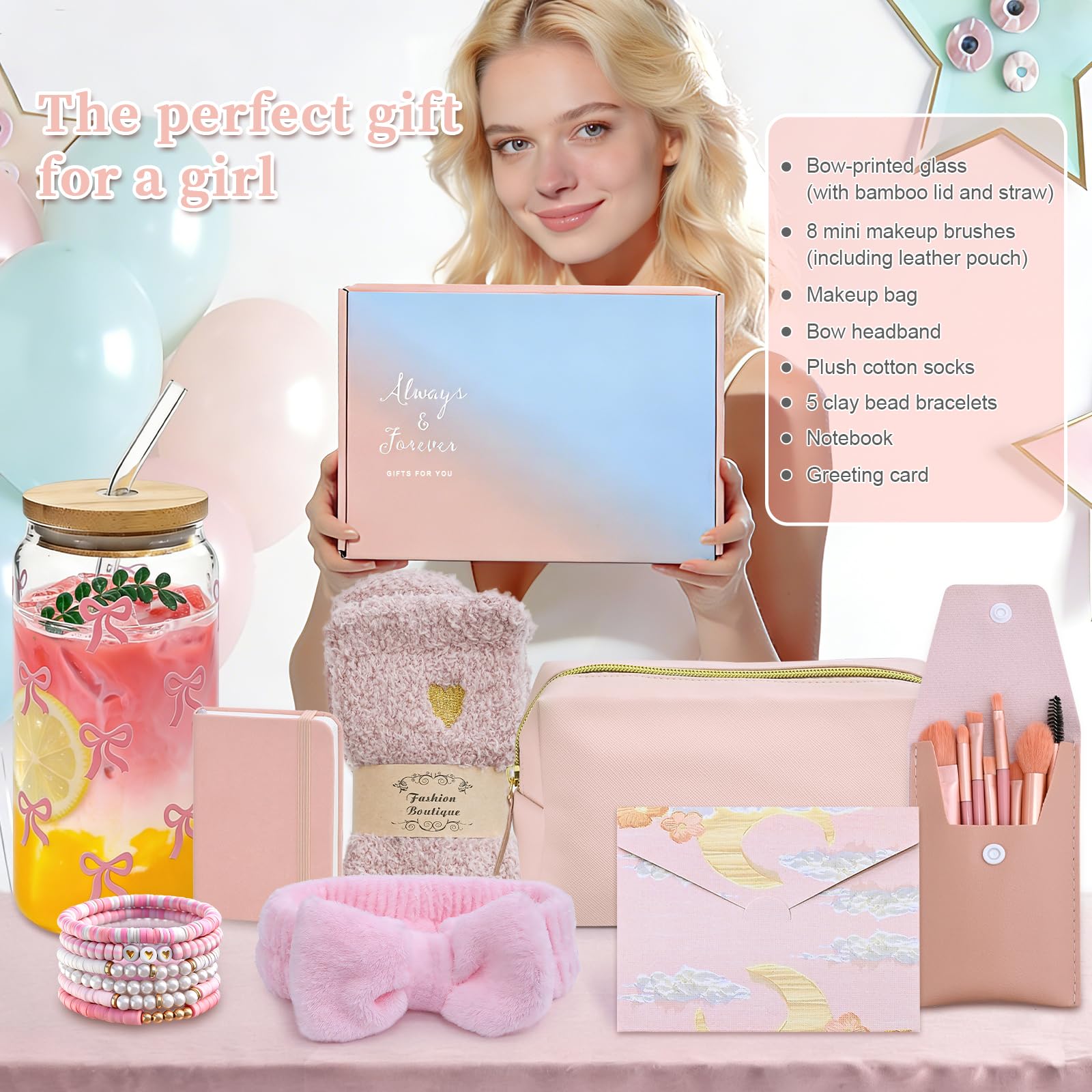 Regali per ragazze adolescenti 9, 10, 11, 12, 13, 14, 15, 16 anni, con bicchiere da 500 ml con stampa a fiocco, pennello per trucco, trousse per il trucco, fascia, calze, braccialetto, taccuino