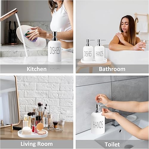 Miniatura 6 de Dispensador de jabón para manos y platos con bandeja, juegos de resina blanca de 15 onzas para baño y cocina, 15.2 fl oz contiene dispensadores de