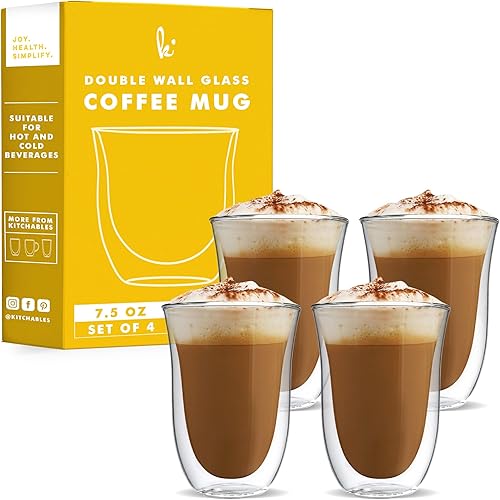 Kitchables Juego de 4 tazas de café de vidrio de doble pared, 7.5 onzas, taza de café transparente aislada para capuchino, latte, té, café expreso,