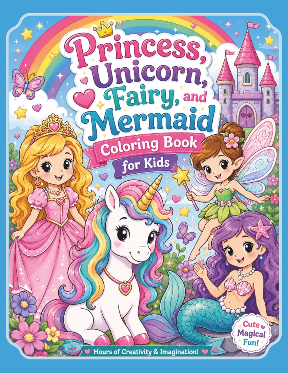 Princess, Unicorn, Fairy, and Mermaid Coloring Book for Kids Ages 4–8: Cute Magical Coloring Pages Filled with Princesses, Unicorns, Fairies, Mermaids, Castles, Rainbows, and Fantasy Adventures