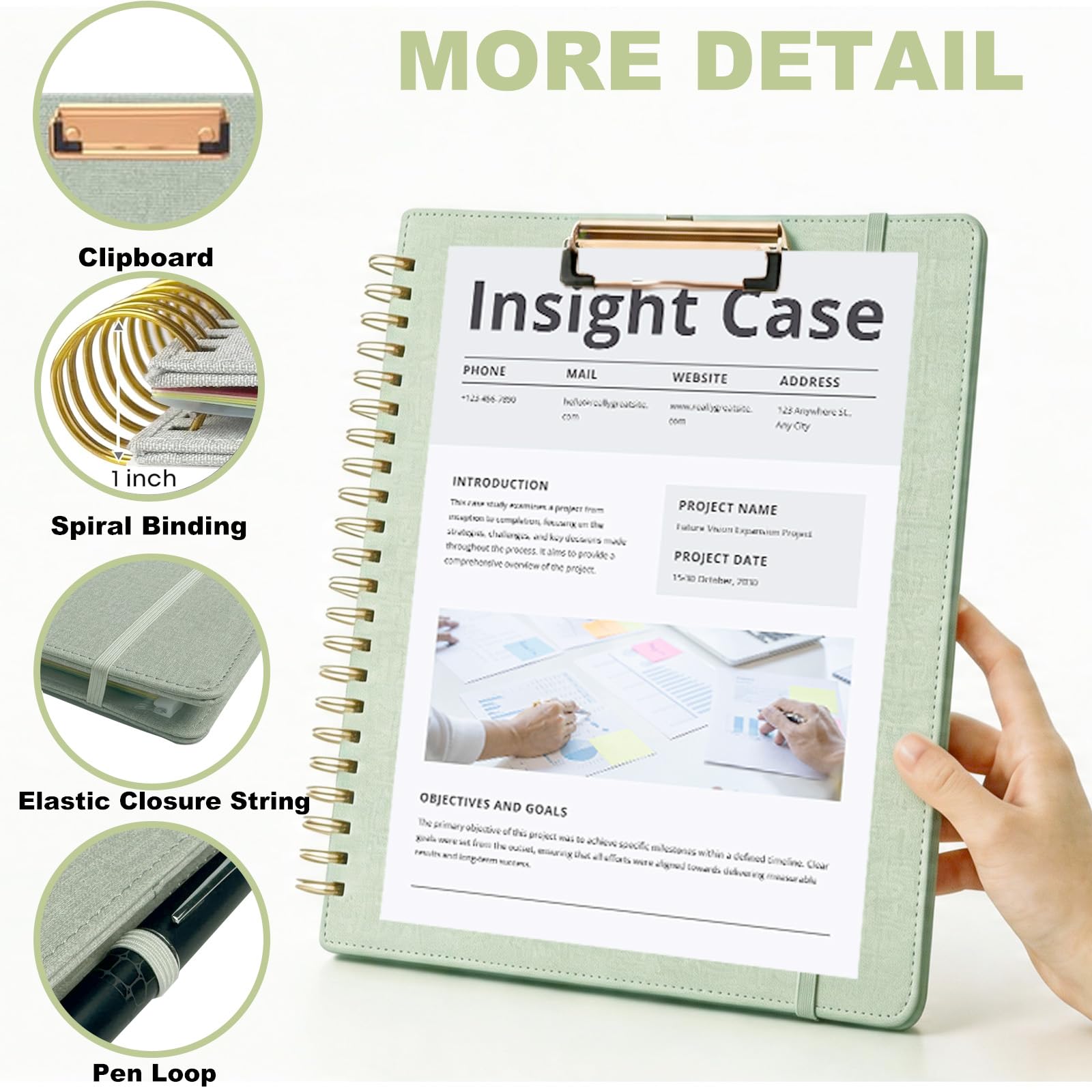 Sauge Porte-bloc pliable à spirale avec pochette de rangement zippée, 5 dossiers en plastique avec poches, bloc-notes ligné rechargeable (21,6 x 27,9 cm), organiseur de projet à couverture