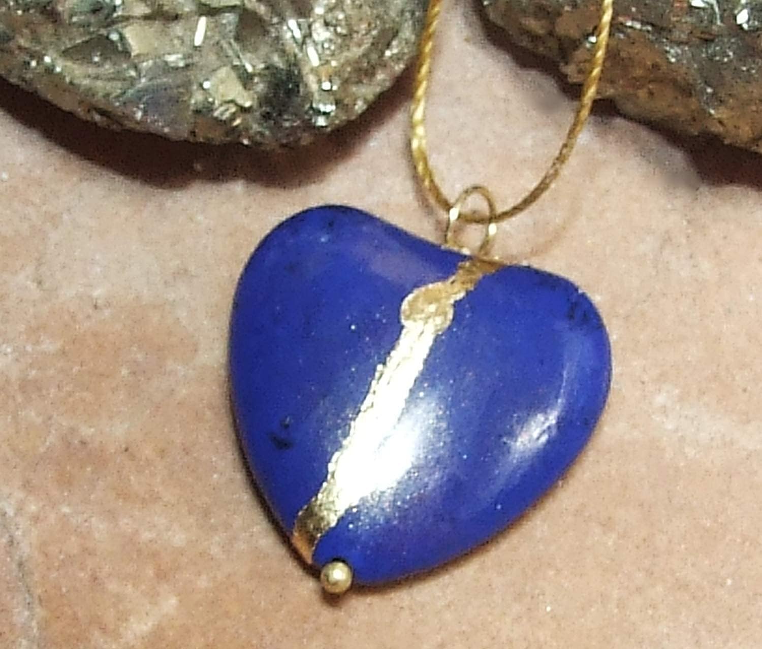 Large 1" Lapis-Blue Howlite Broken Heart Mended with 23kGold, Kintsugi Cord Necklace