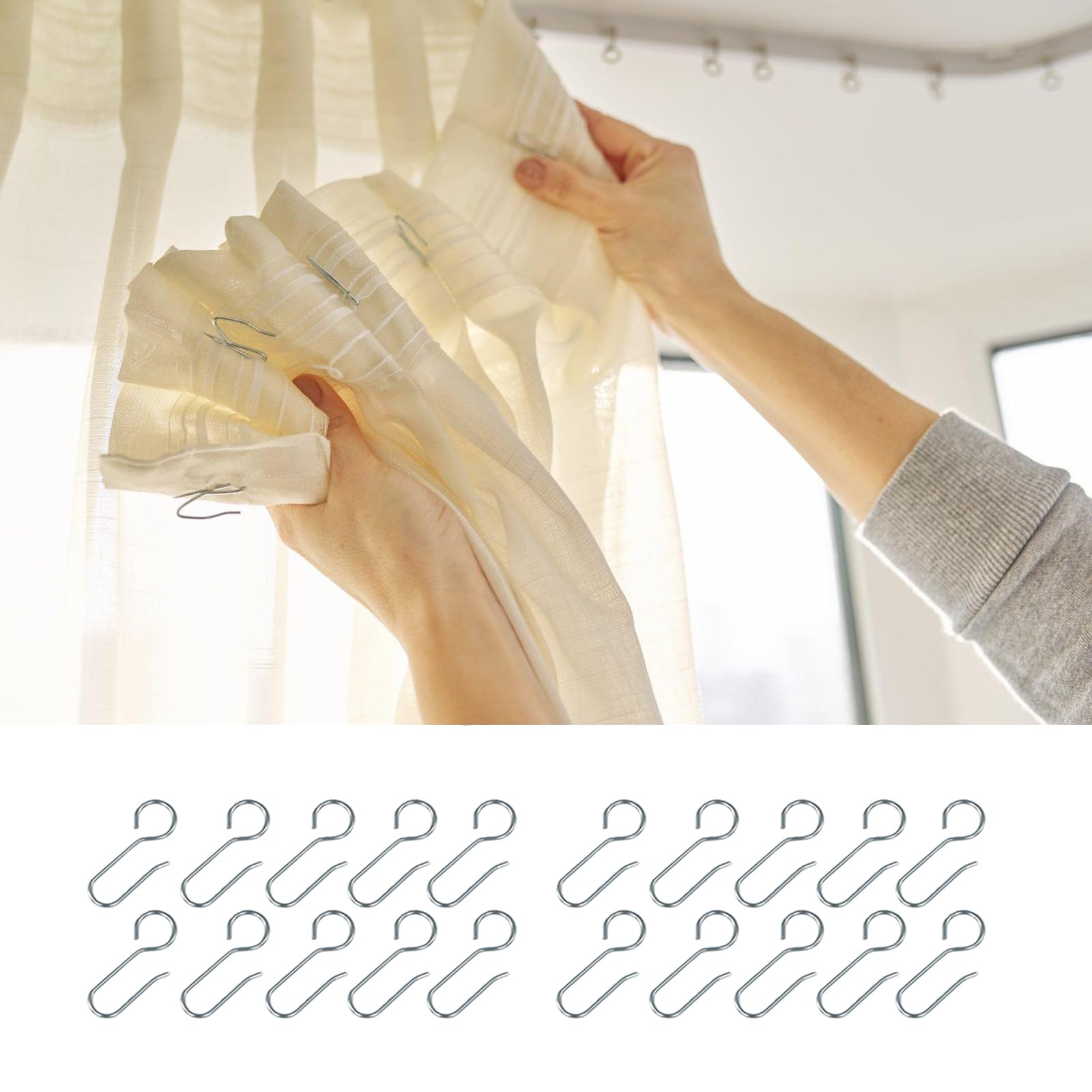 Lot de 20 crochets en forme de S en métal pour tringles à rideaux – Crochets argentés en forme de S pour une suspension facile de rideaux et décoration d'intérieur – Idéal pour rideaux et plus encore