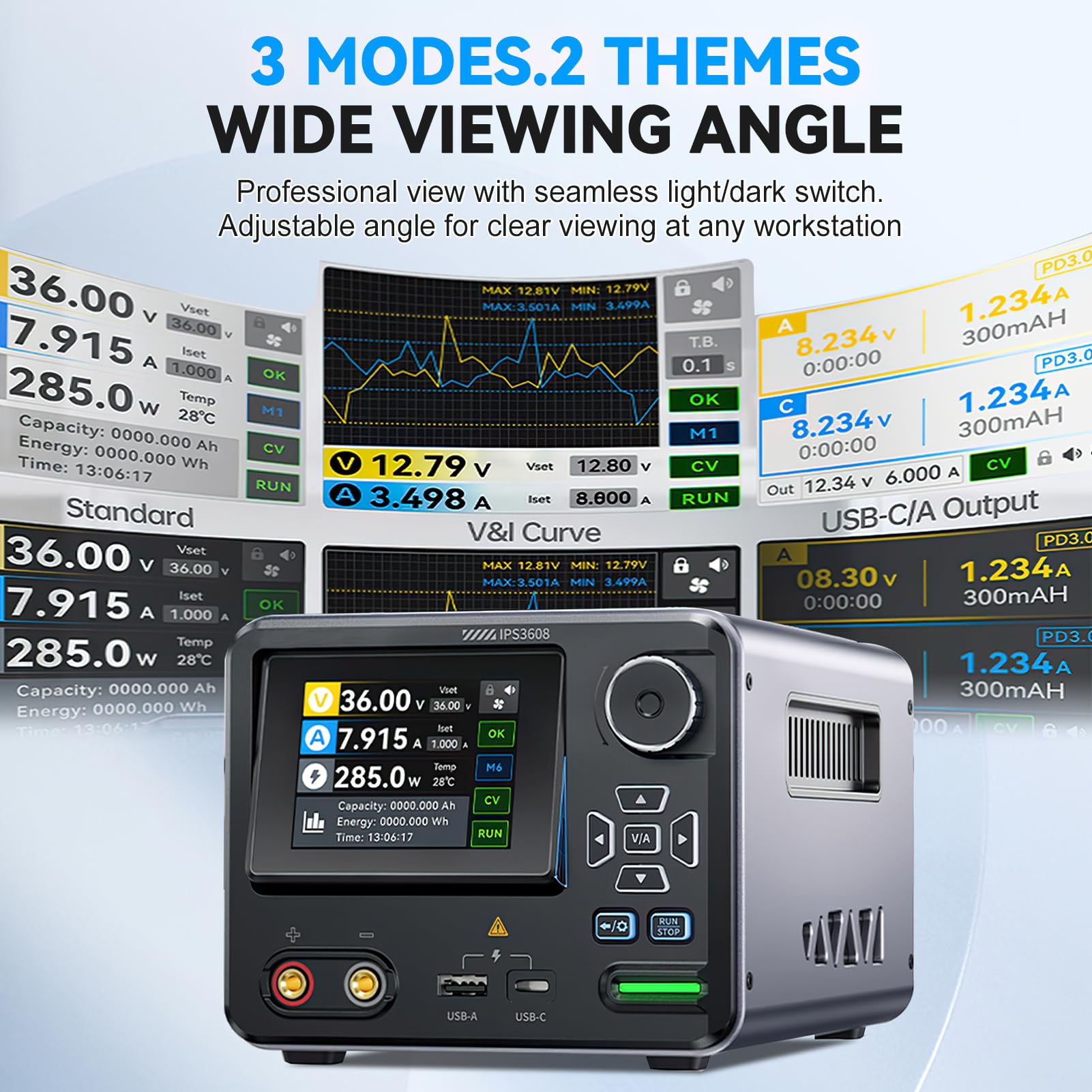 Labornetzteil 36V 8A DC Einstellbare Gleichstromversorgung Schaltnetzteil 10mV Welligkeit Tischnetzteil USB A und Typ C Anschlüsse 4 stelliges IPS Labornetzgerät LED-Display IPS360