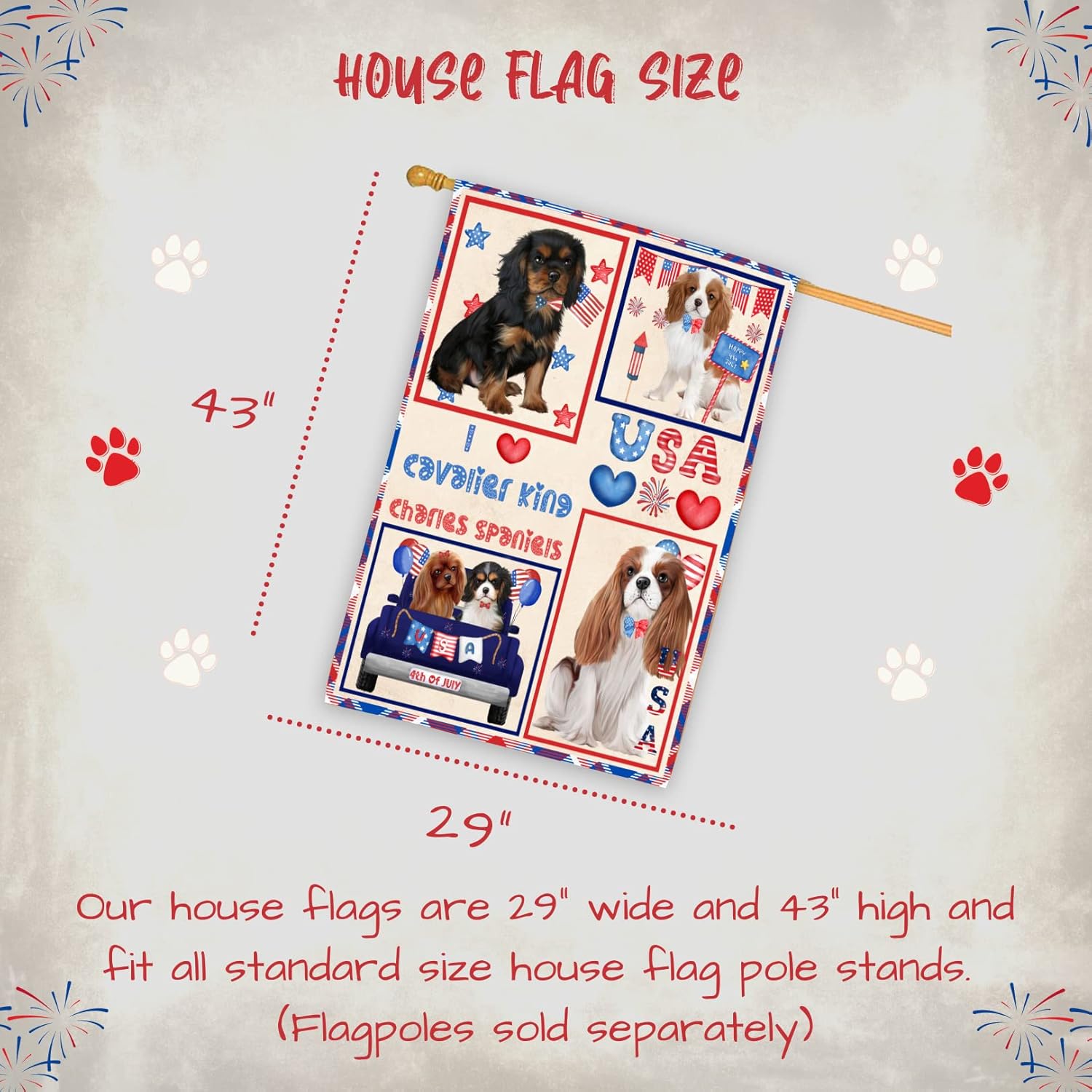 4th of July Independence Day I Love USA Cavalier King Charles Spaniel Dogs House Flag - Outdoor Double Sided Pet Weather Resistant Premium Quality Home Decorative Flags - 100% Polyester 29"w x 43"h