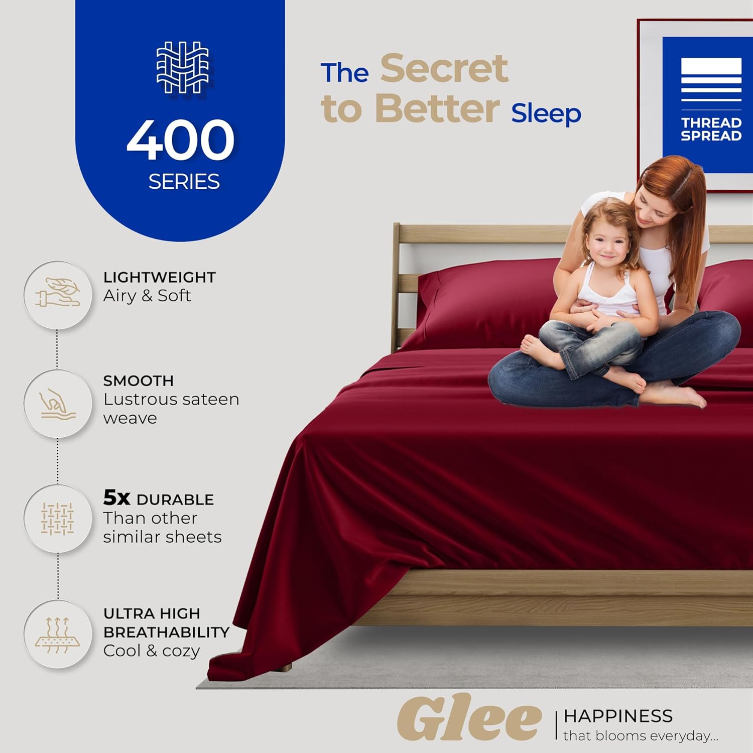 THREAD SPREAD King Size Cotton Sheets Set - 400 Series Glee Collection 100% Cotton Sheets for King Bed (4 PC, Burgundy), 16 in Deep Pocket Soft Bed Set for Hot Sleepers, Luxury Hotel Cooling Sheet