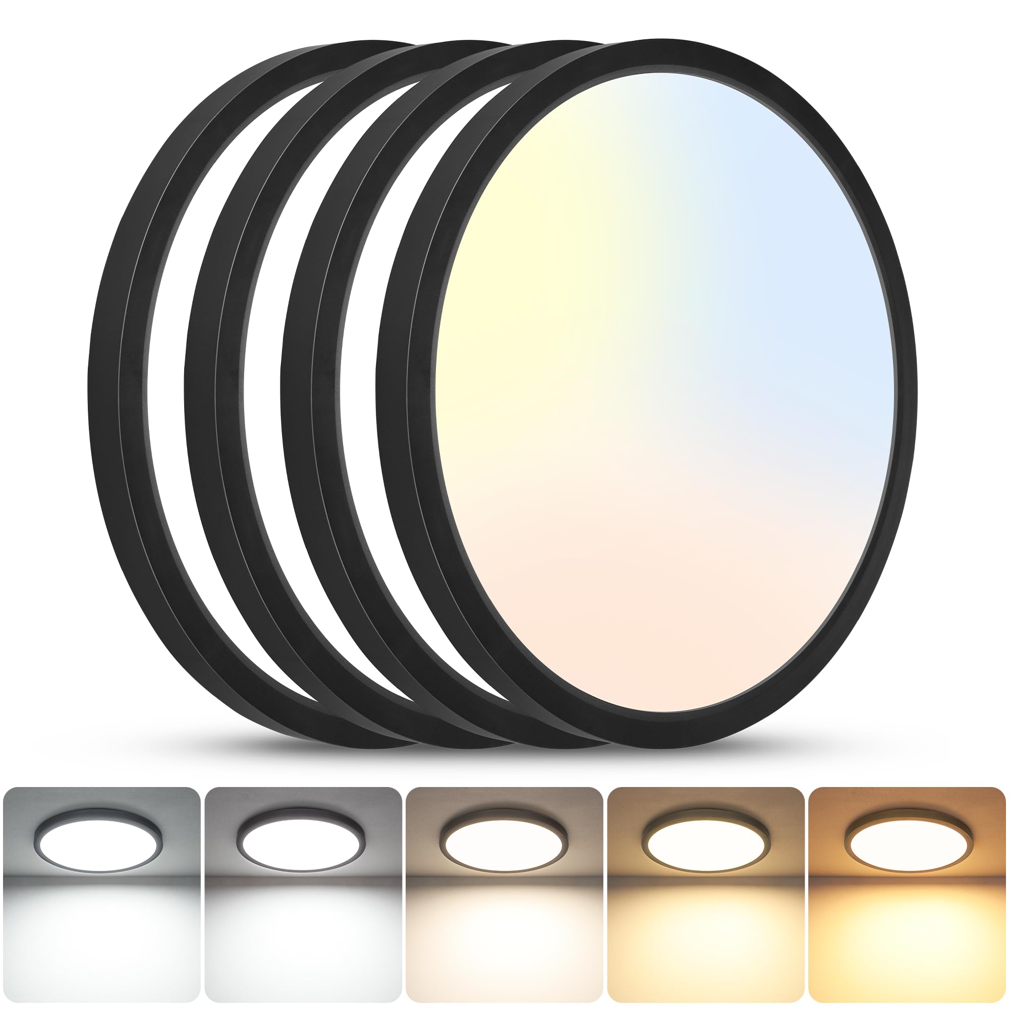 SunRider 4-Pack Flush Mount LED Ceiling Light, 12 Inch 20W Dimmable 5CCT Selectable 2700K-6000K Daylight White, 2000LM, 200W Equiv. Flat Lights, Black