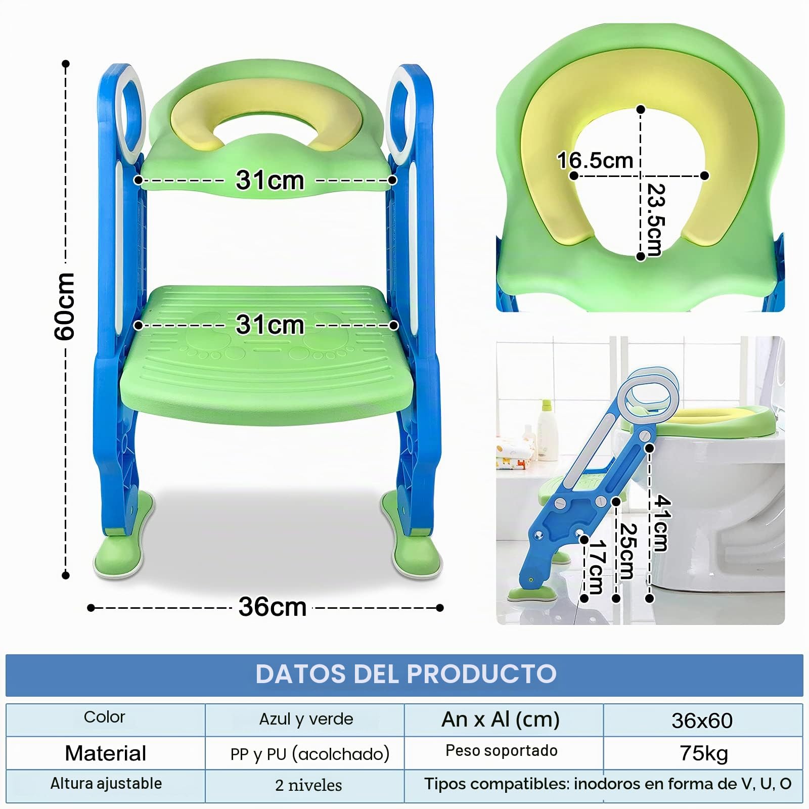 LZQ Adaptador WC Niños con Escalera, Escalera Asiento Escalera del Tocador de Niños Asiento Inodoro Niños Ajustable para Orinal Infantil Formación, Seguro, Antideslizante Verde
