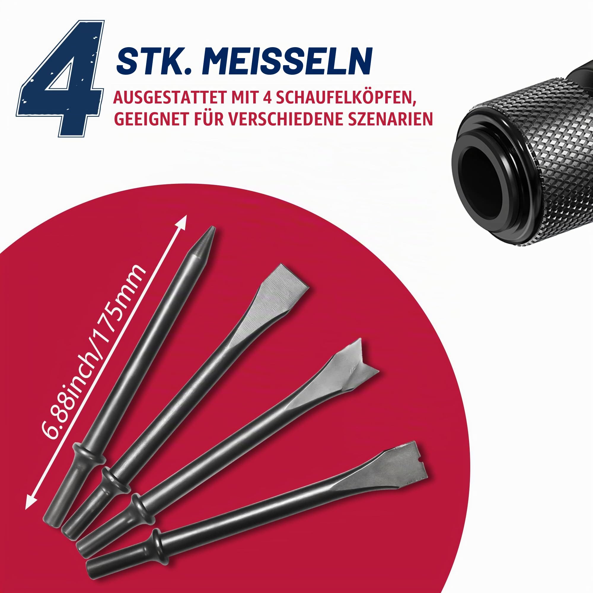 Lufthammer, NEU PNEUPACTURE 250 mm langes Luftmeißel-Set, mit 4 Meißeln, mit Schnellwechselhalter, 2200 bpm, Frontabgas, Luftmeißel zum Schaufeln und Schneiden