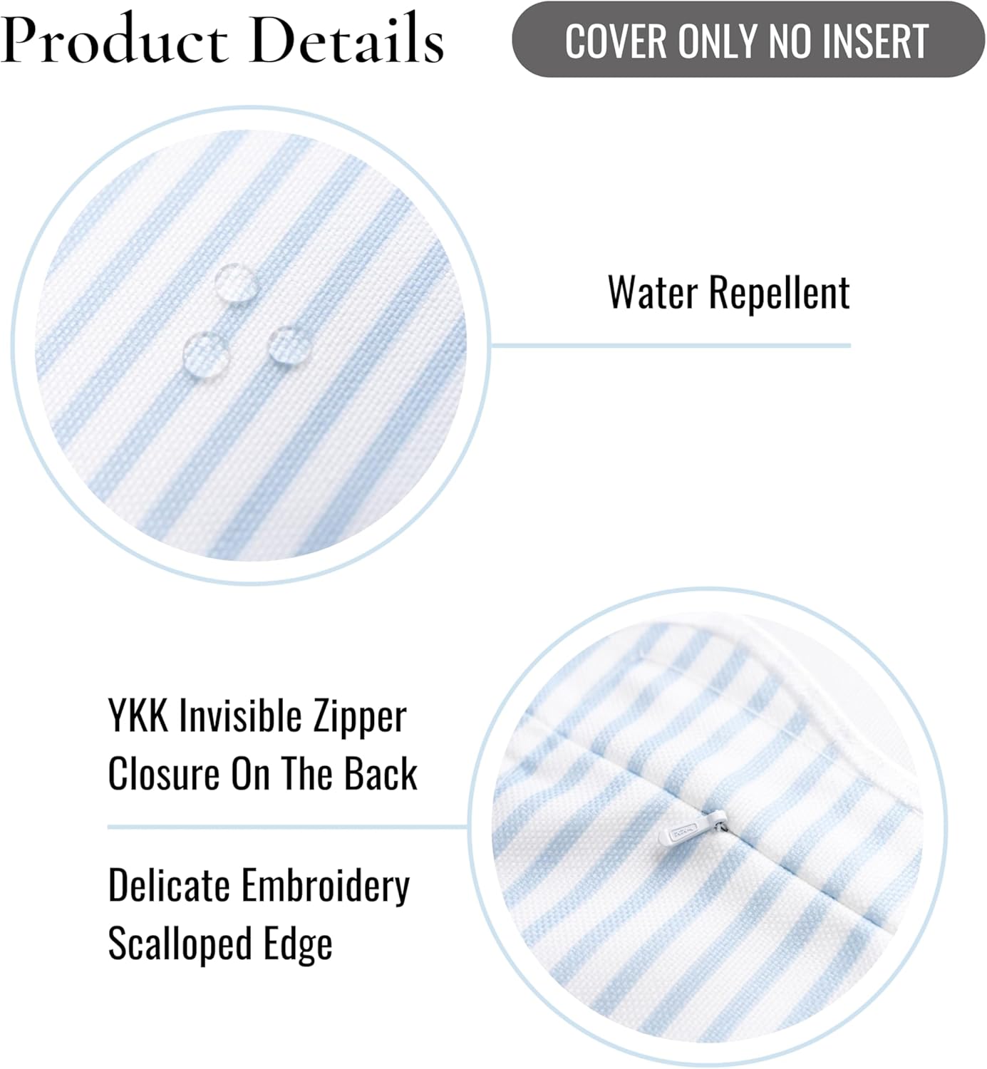 Hofdeco Premium Coastal Patio Indoor Outdoor Scalloped Throw Pillow Cover Only, 20"x20" Water Repellent for Backyard, Couch, Baby Blue Print Stripes