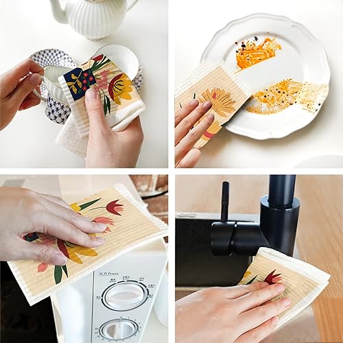 Miniatura 6 de Morigins Paños de cocina suecos, paños de cocina florales, paños de esponja absorbentes reutilizables y trapos de cocina reutilizables