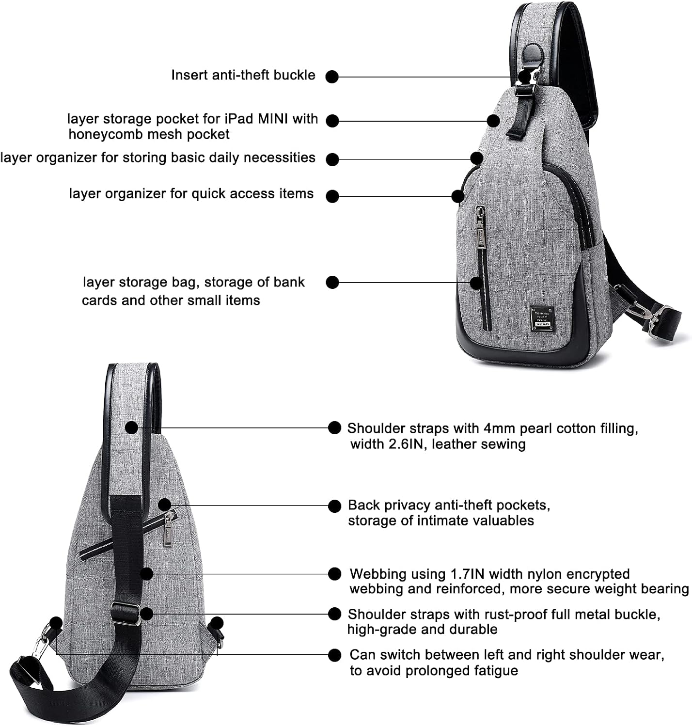Sling Bag for Men, Multi-Compartment Crossbody Sling Backpack Daypack with Adjustable Shoulder Straps Travel Hiking