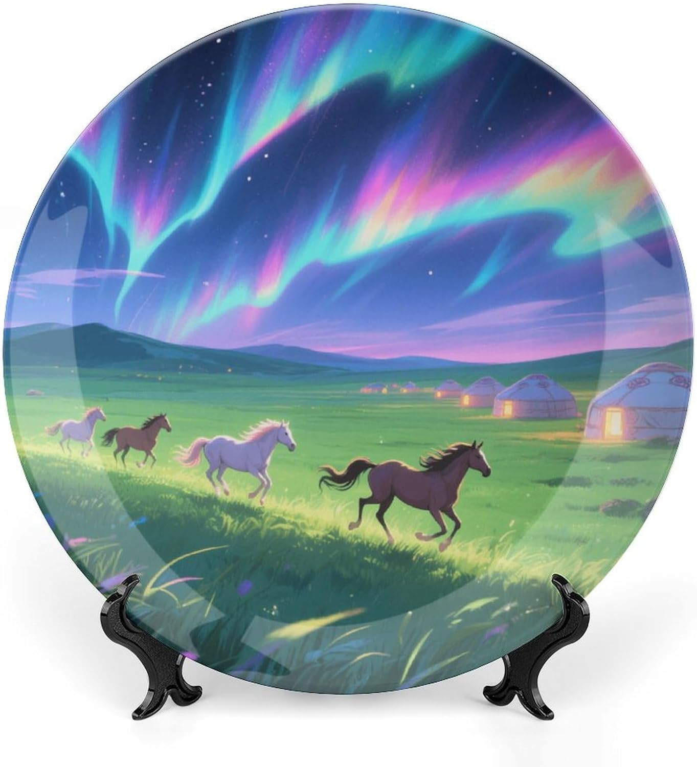 Bone China Decorative Plates Aurora Grassland Ceramic Decorative Plate Wall Decor with Display Stand Ceramic Ornaments for Wall Hanging Decoration