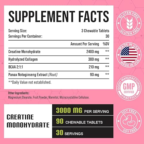 Miniatura 2 de Monohidrato de creatina para mujeres, suplemento de creatina de 3000 mg, con colágeno hidrolizado, BCAA, creatina para ganancia de glúteos,