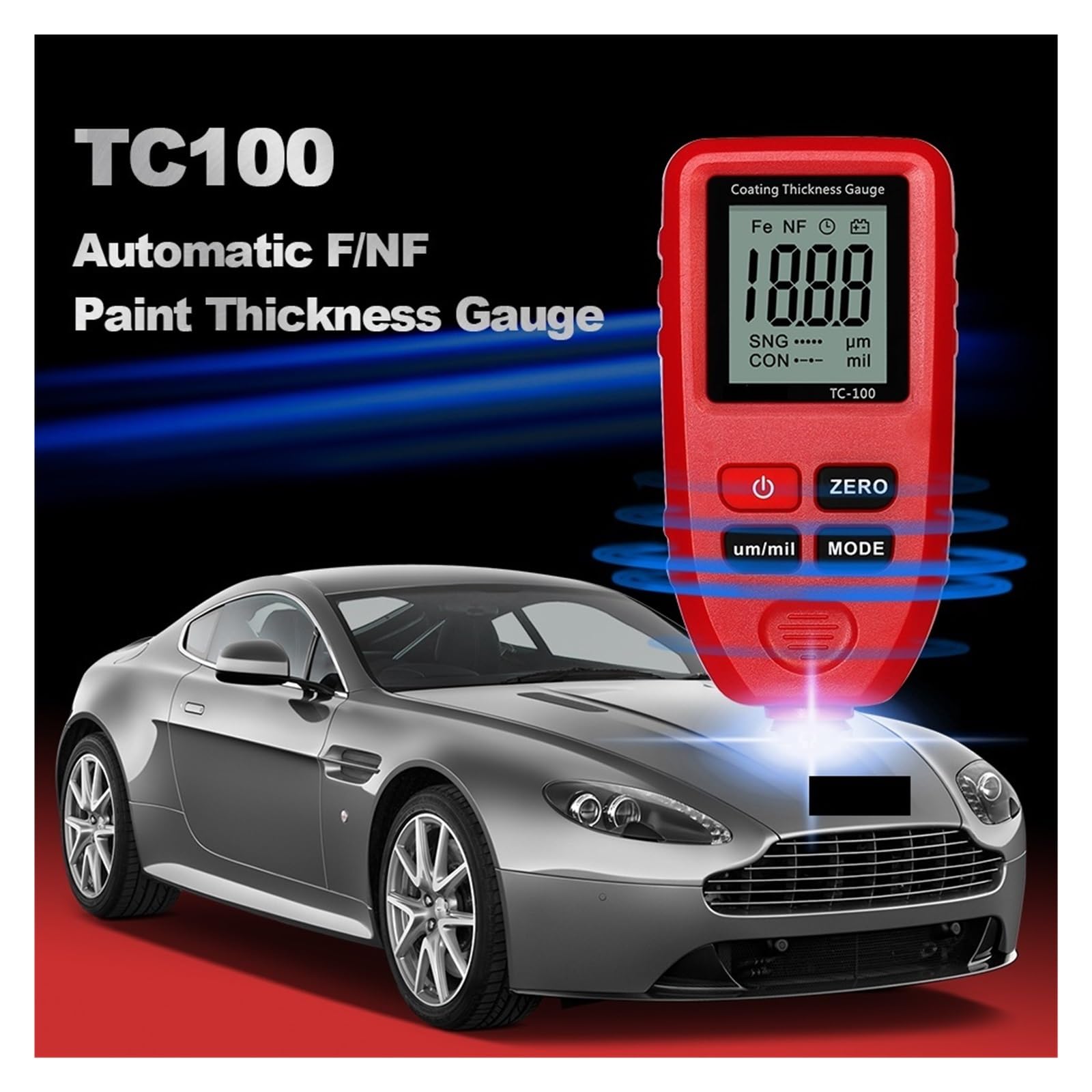 TC100 Misuratore di spessore del rivestimento Tester film vernice for auto Strumento misurazione della 0,1 micron 1300um, Sensore accurato