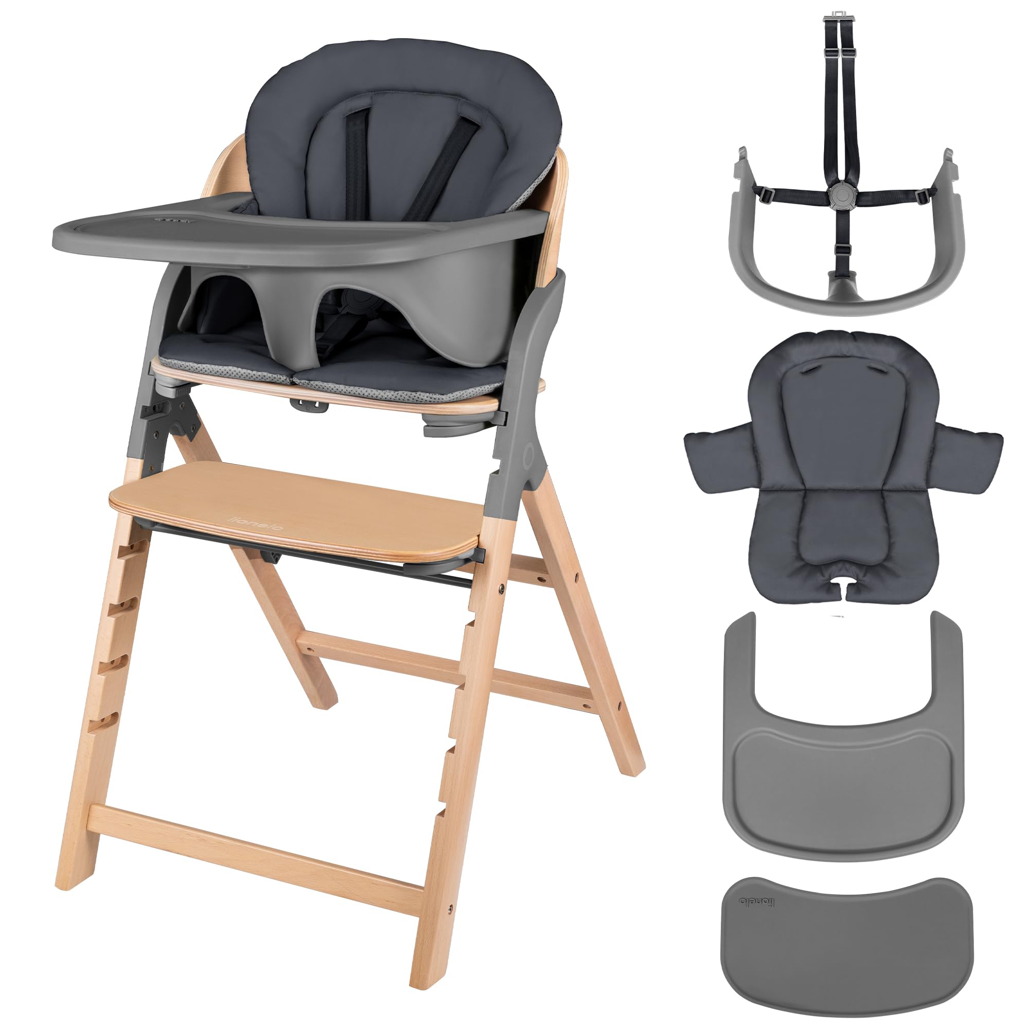 LIONELO Chaise Haute en Bois Megan, Évolutive de 6 mois à 110 kg, Repose-pieds Réglable, Ceintures 5 Points, Coussin d'Assise, Nettoyage Facile (Grey)