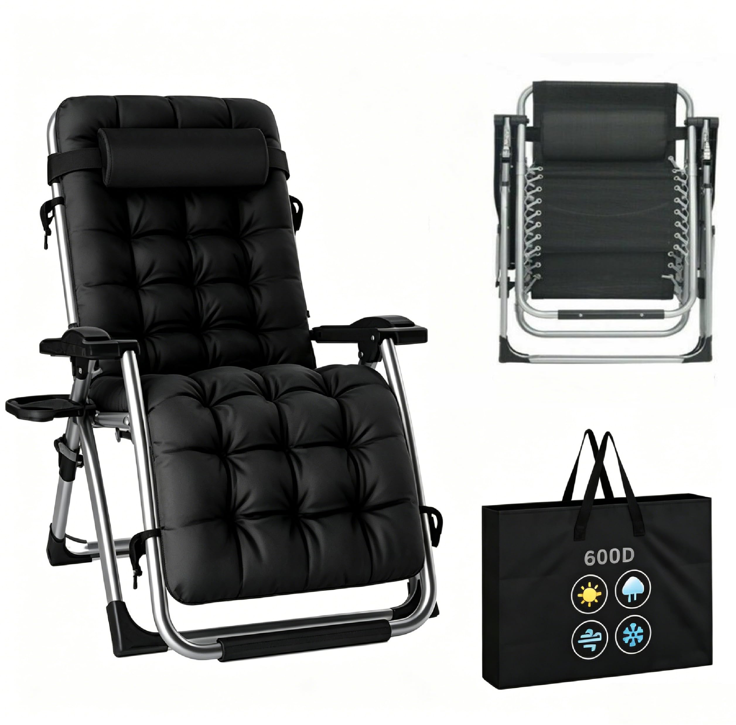 Zero Gravity Liegestuhl, Sonnenliege Klappbar mit Klapptaschen, Outdoor Sessel für Balkon oder Garten für Patio-Pool-Camping-Strand, Gartenliege Mit Tassenhalter & Kissen (Schwarz 1 Stück)