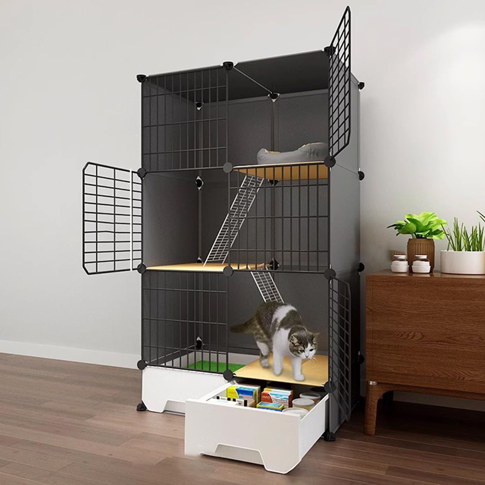 Cage pour chat avec bac à litière intégré et parc à jeux amovible en fil de fer