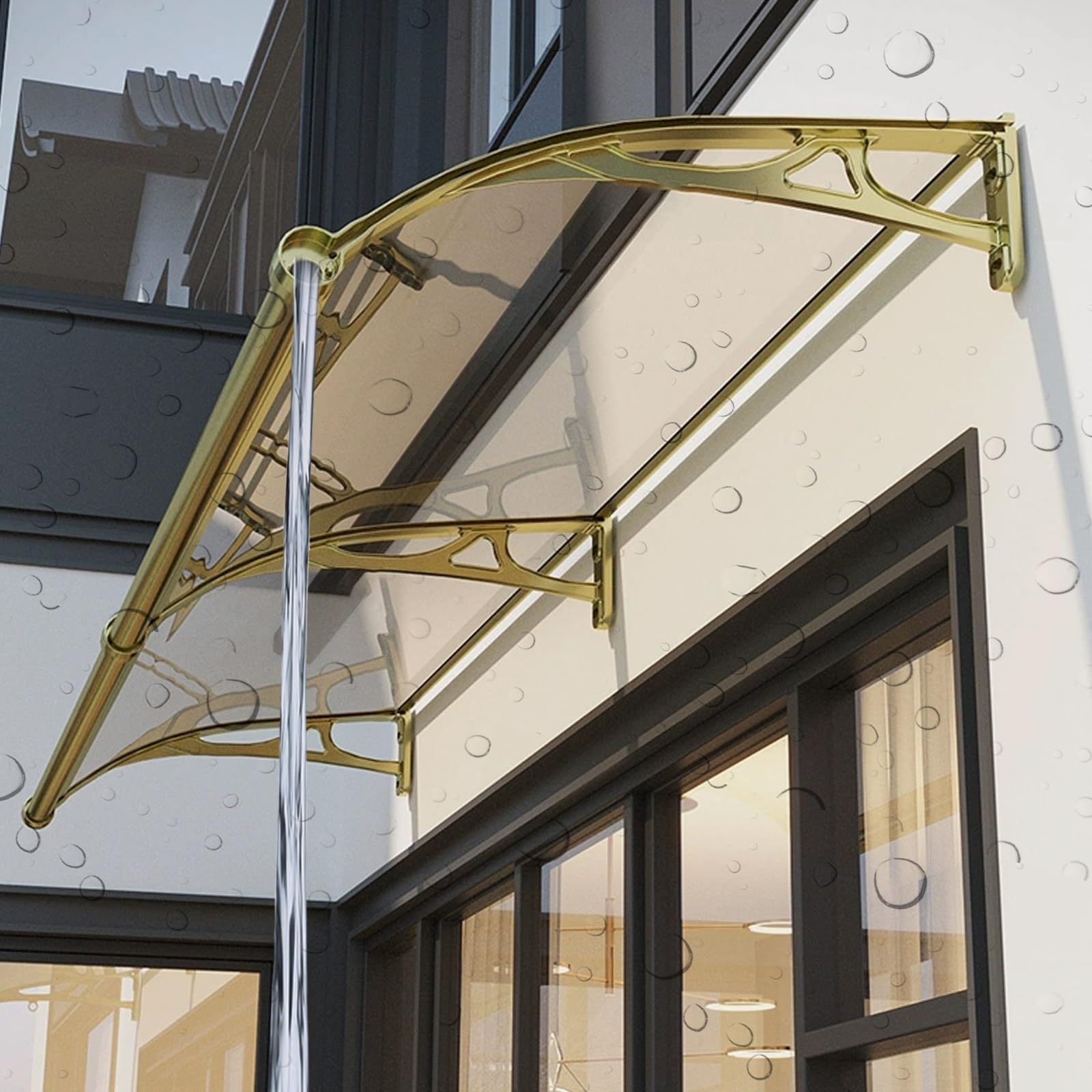 Auvent de porte avec gouttière drainage et protection UV terrasse
