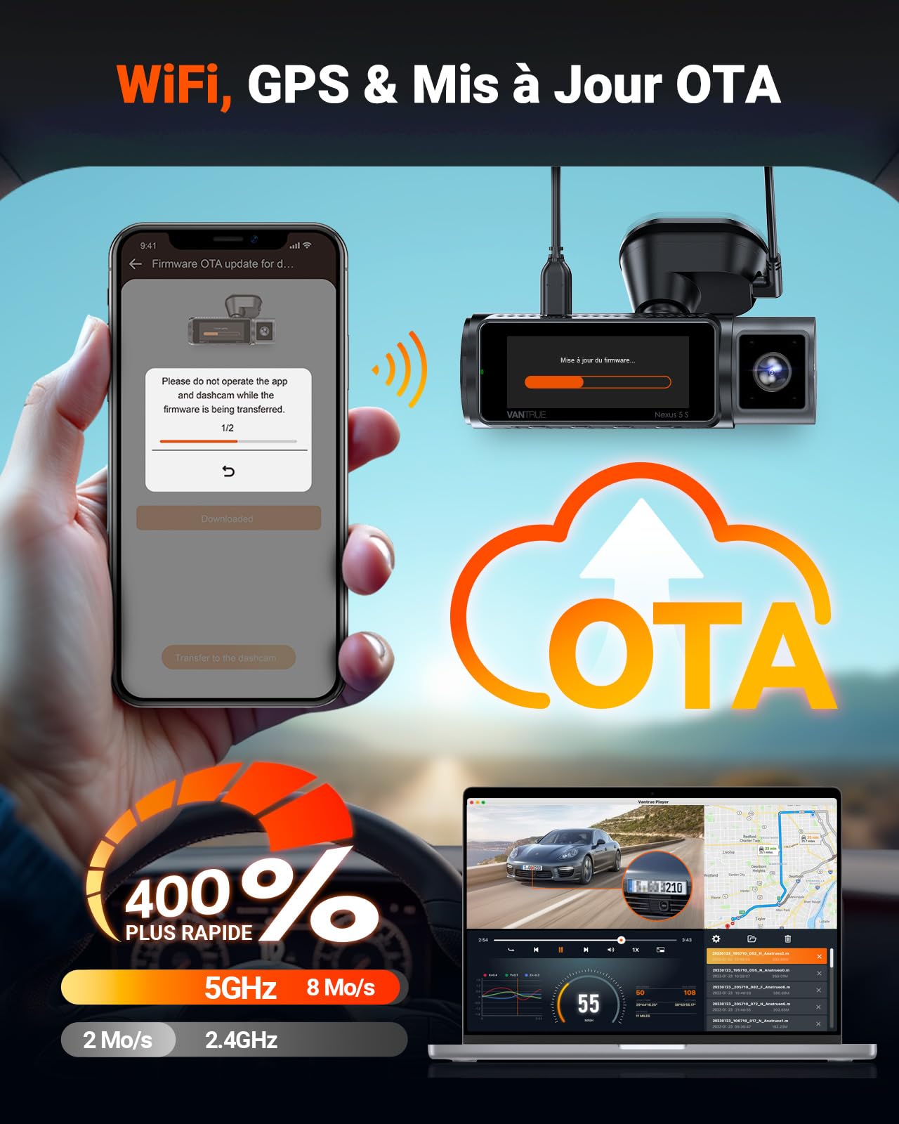 VANTRUE N5S 4-Canaux Dashcam Voiture 2.7K+1080P+1080P+1440P, 360 degrés STARVIS 2 5GHz WiFi GPS Caméra Embarquée, Contrôle Vocale Français 24h. Mode Parking Tampon, Module LTE Optionel, Max 1To