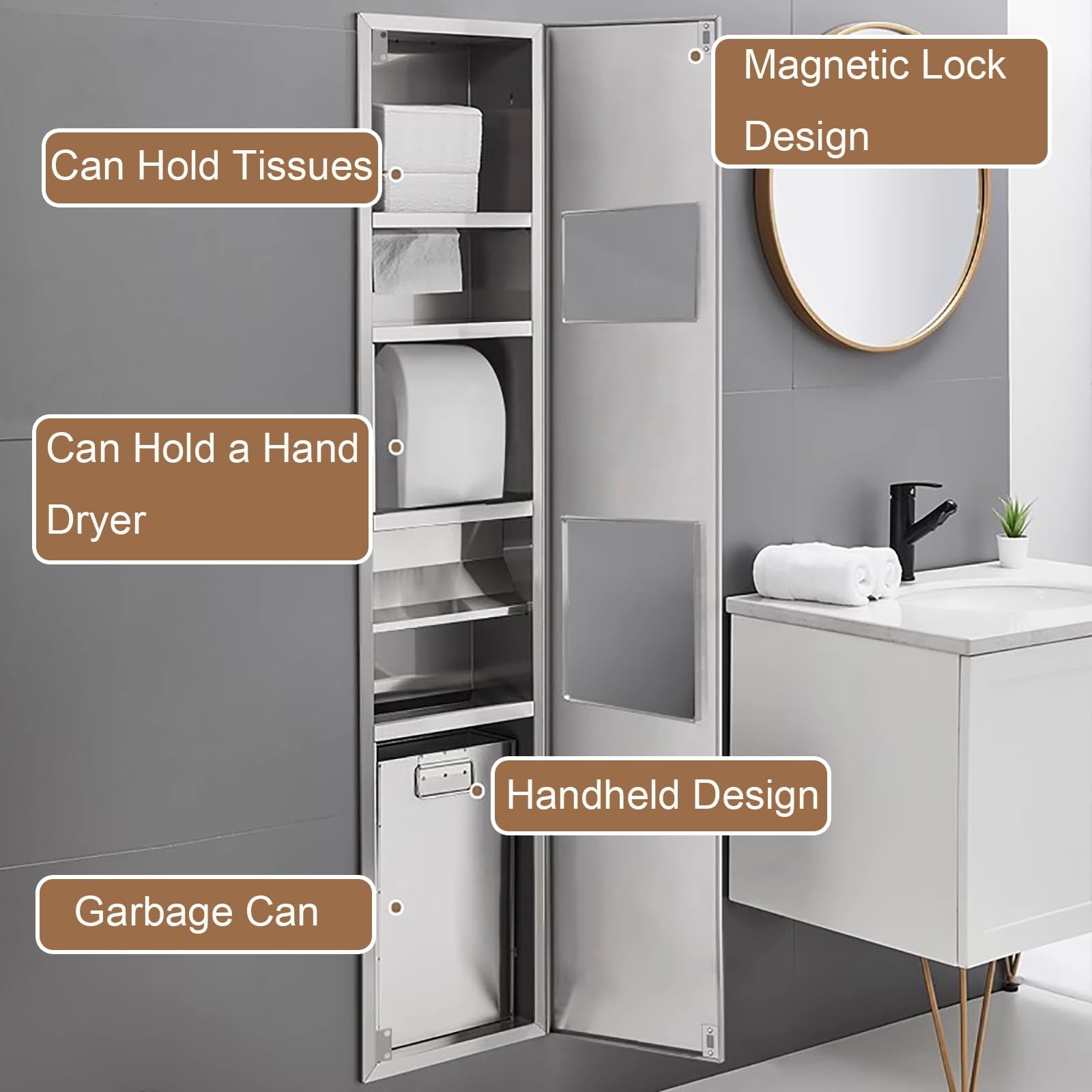 Dispensador comercial de toallas de papel con cubo de basura, acero inoxidable 304, soporte para toallas de papel de baño para baños de alto tráfico, diseño que ahorra espacio