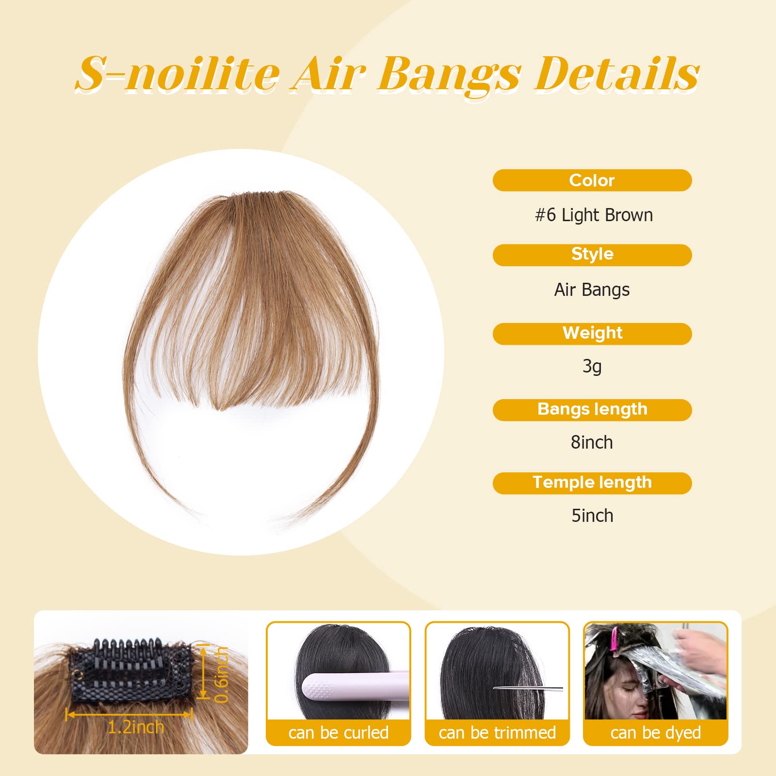 S-noilite Bangs Hair Clip in Bangs,100% Real Human Hair Curved Bangs Clip in Hair Extensions for Women Air Bangs Clip on Wispy Bangs Fringe with Temples 3g (#6 Light Brown) - Image 2