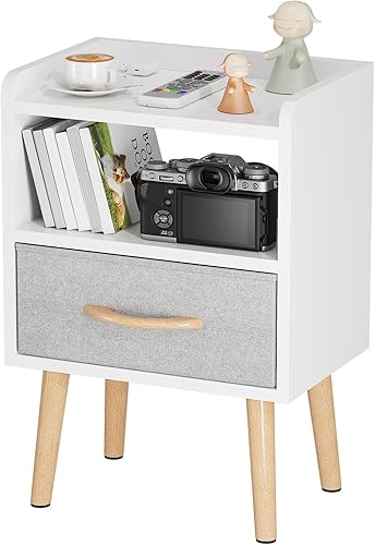 Miniatura 9 de LUCKNOCK Mesita de noche blanca con cajón, mesita de noche moderna de mediados de siglo, mesita de noche de madera resistente con estante de