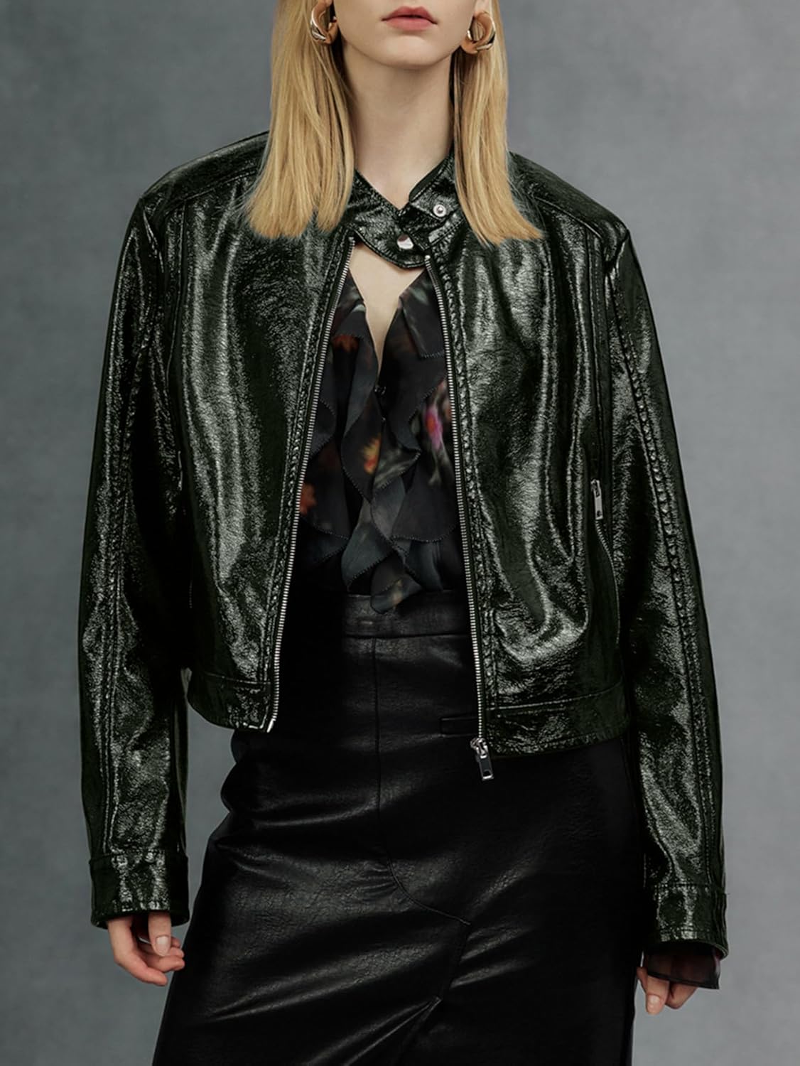 Bellivera Faux Leather Jacket Women Motorcycle Zipper Bomber PU Bike Coat with Pockets - Image 5