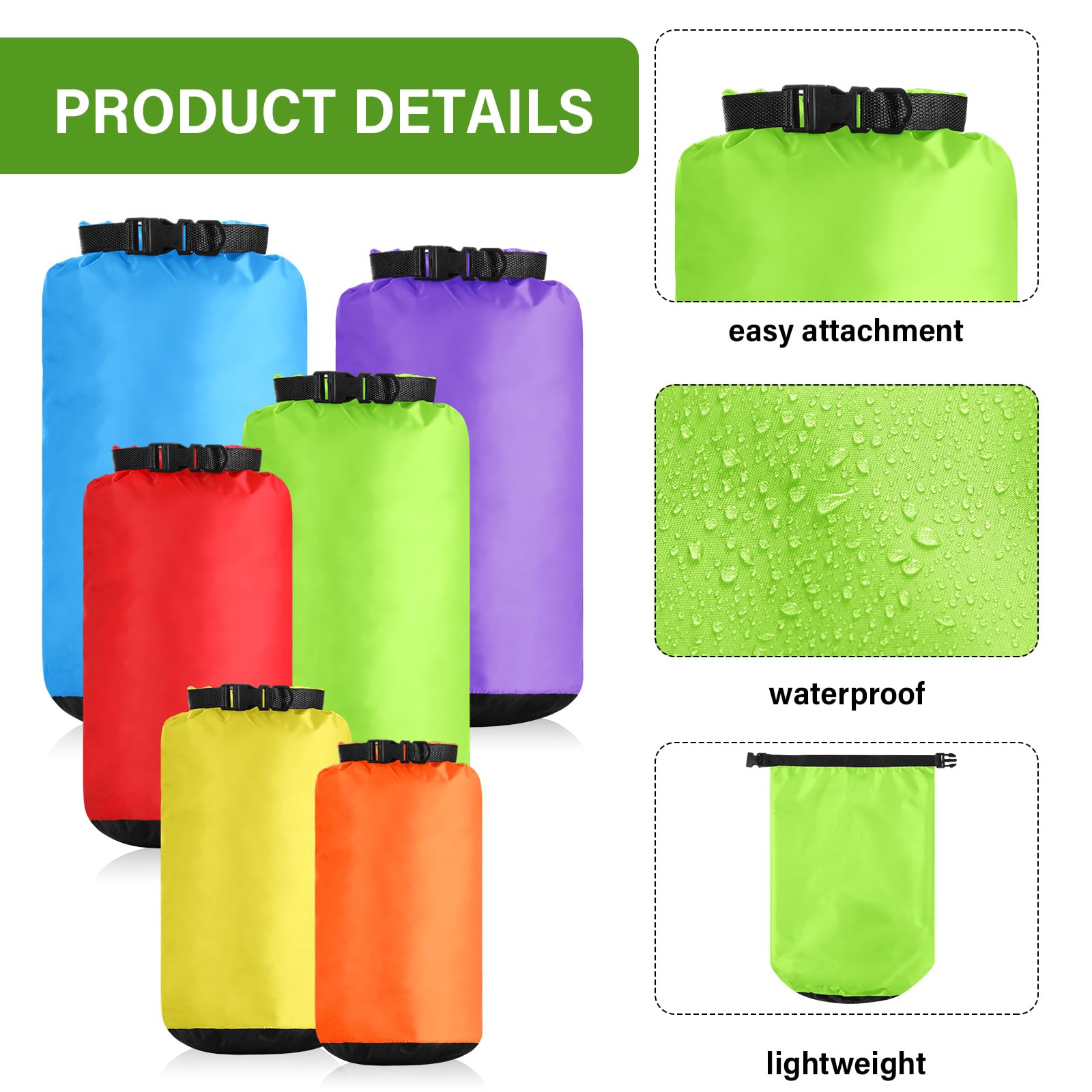 6 bolsas impermeables ligeras para exteriores, 35 L, 20 L, 15 L, 10 L, 5 L, 3 L, bolsa impermeable para barco, kayak, mochilero, senderismo, camping, rafting (color fluorescente)