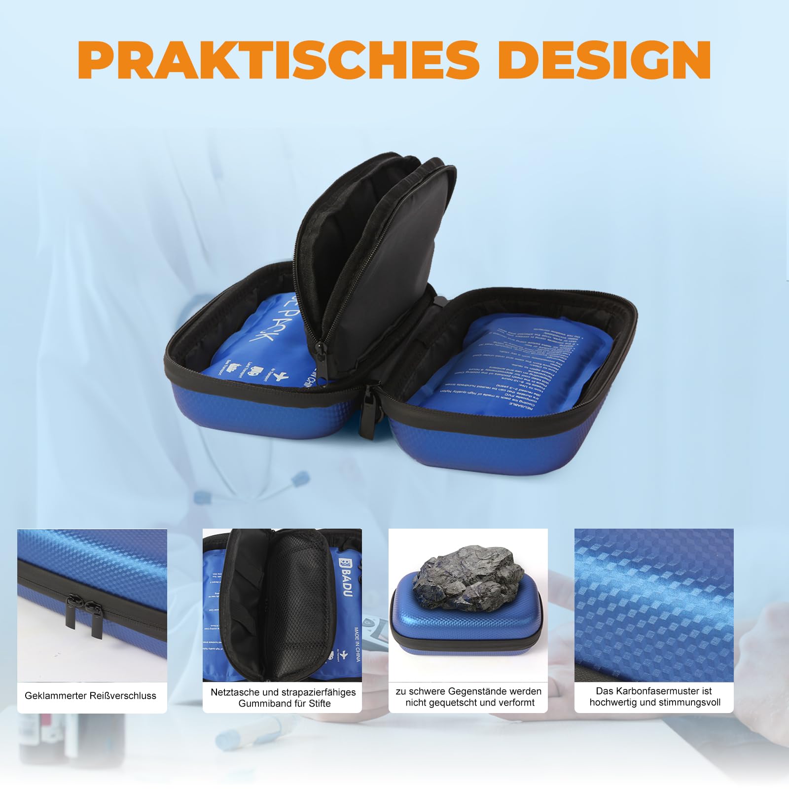 Insulinkühler Reisekoffer TSA genehmigte Medikament Diabetischer Kühler für Reisen mit Thermometer Temperaturanzeige Kühler Medizin Organizer Tasche mit 2-Eis-Pack (blau)