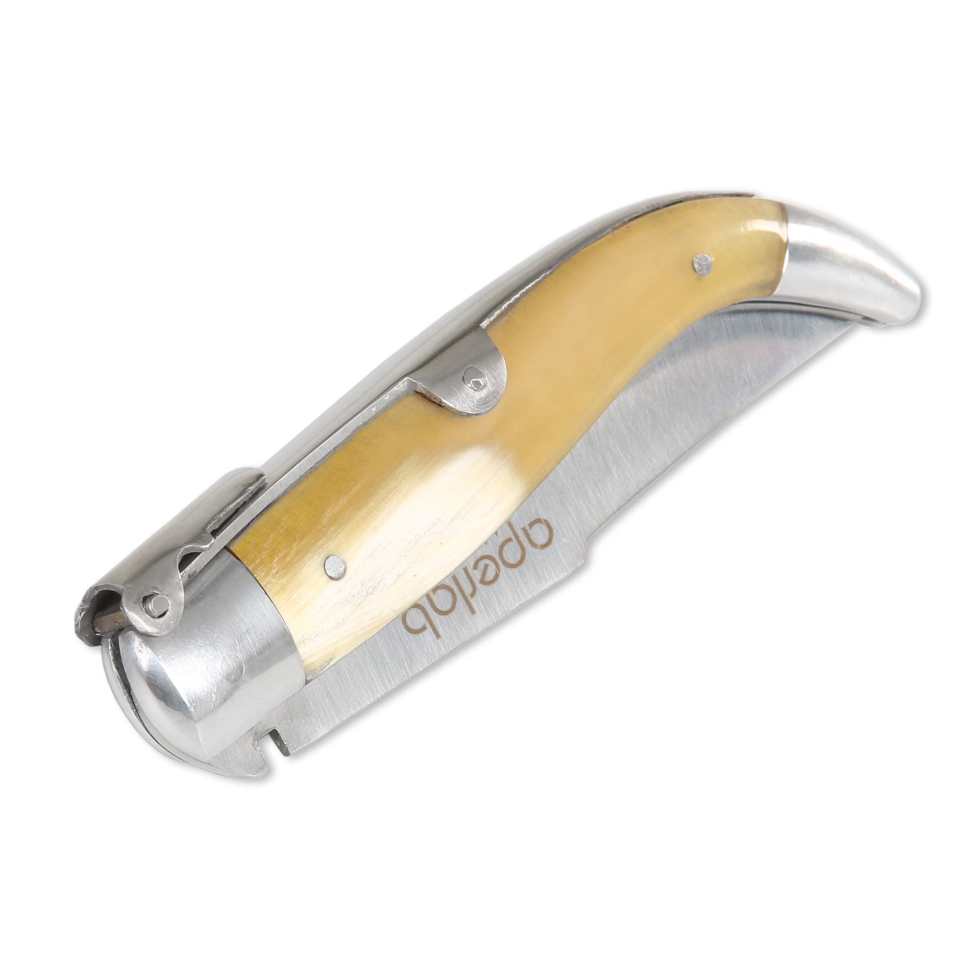 Coltello Albacete, fatto a mano realizzato a mano, lama in acciaio inox e cassette in corno di toro autentico, pieghevole e sicuro in modo che non si chiuda da solo. (lama da 8,5 cm)