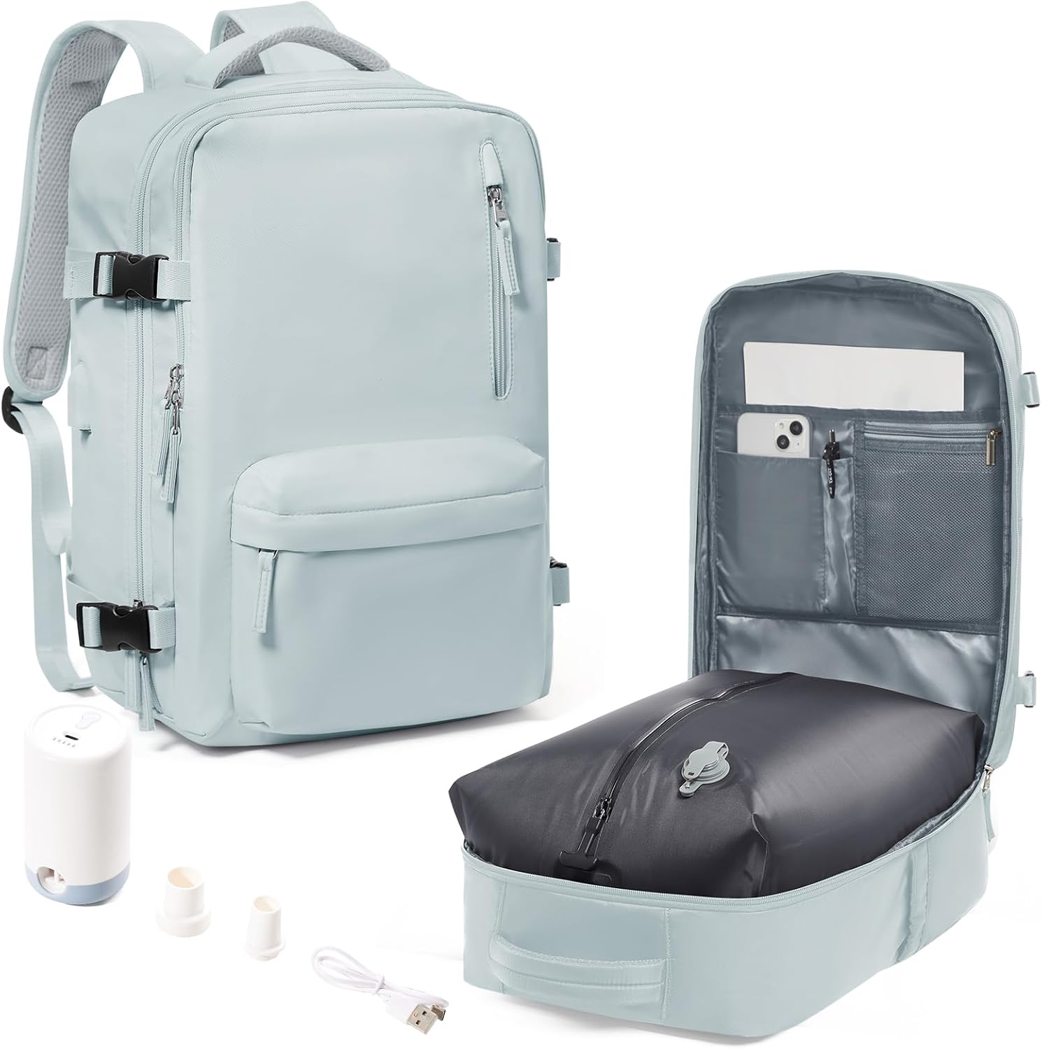 SEAFEW Large Travel Backpack with Vacuum Seal Compression, Vacuum Travel Flight Bag with pump, Waterproof Work Back Pack Compression bags Casual Daypack with USB Charging Port, Blue