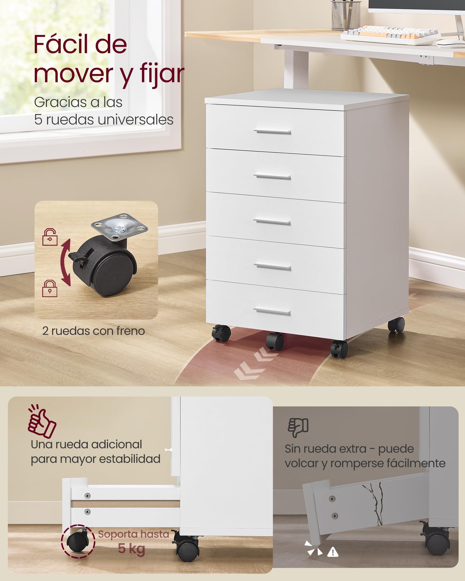 VASAGLE Archivador Móvil, Armario Móvil de Archivos, Cajonera, Soporte para Impresora con 5 Cajones, con Guías Deslizantes sin Tornillos, para Oficina, Casa, Blanco Nube OFC081W01