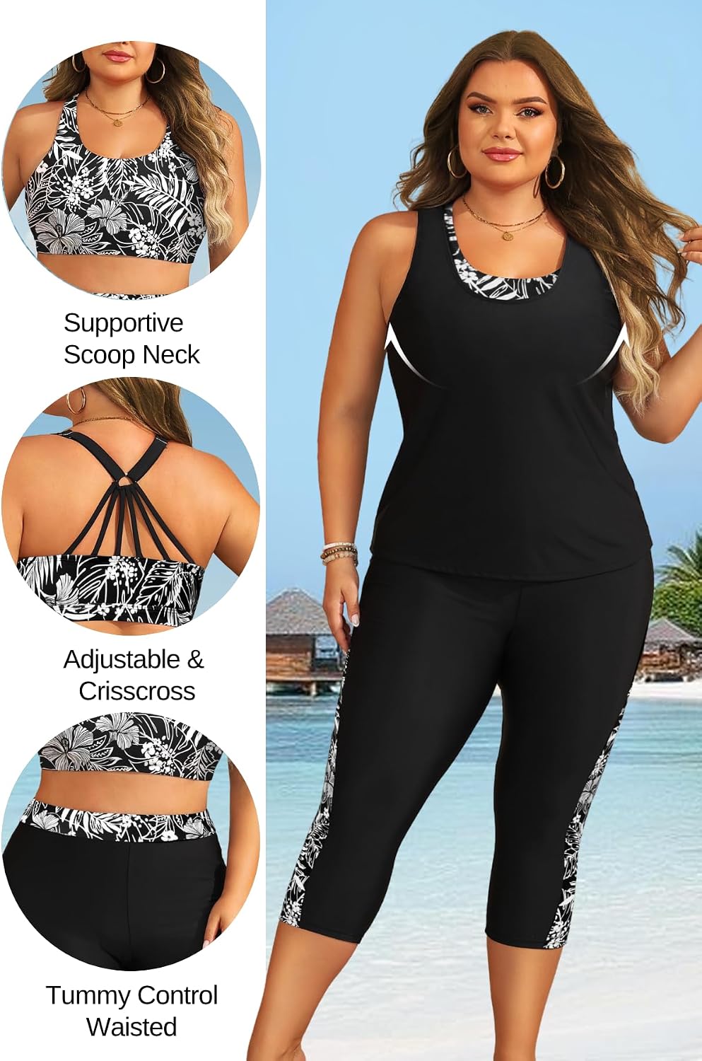 Yonique 3 Piece Plus Size Swimsuits for Women Tankini Tops with Sports Bra and Swim Capris Athletic Bathing Suits