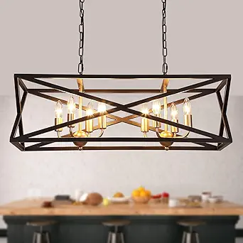 Large Modern Farmhouse Chandelier 8-Lights Black and Gold Industrial Metal Chandelier Light Fixtures for Dining Room Rectangular Linear Kitchen Island Lights UL Listed